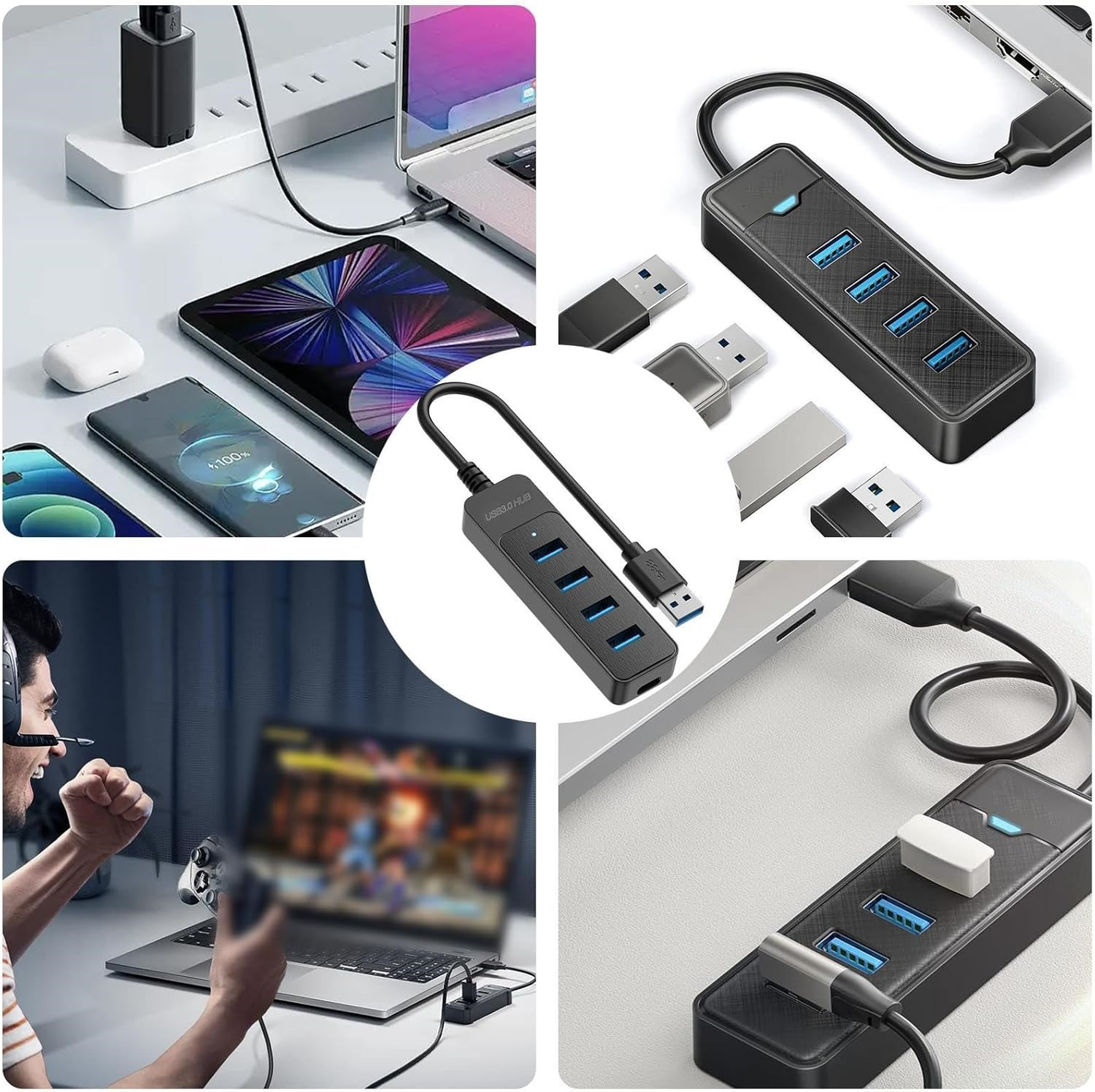 Birden fazla USB hub'ı ve cihaz, dizüstü bilgisayarlara ve şarj cihazlarına bağlı olarak gösteriliyor.
