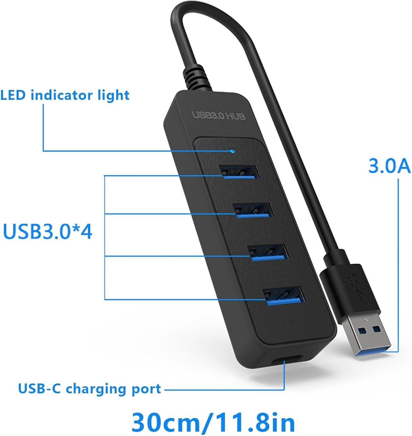 4 portlu, USB-C şarj portlu, LED'li ve 30cm kablolu siyah USB 3.0 hub.