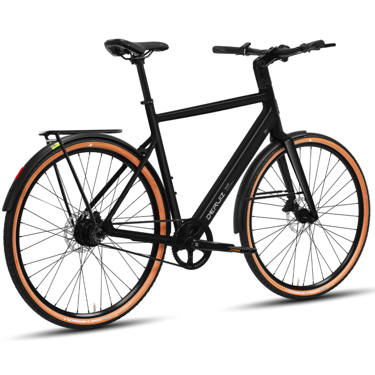 Schwarzes Fahrrad mit braunen Reifen, Gepäckträger und Schutzblechen.
