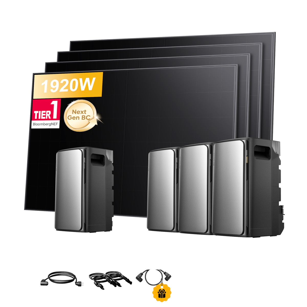 Mehrere schwarze Solarmodule, drei silberne und schwarze Wechselrichter und Kabel auf weißem Hintergrund.