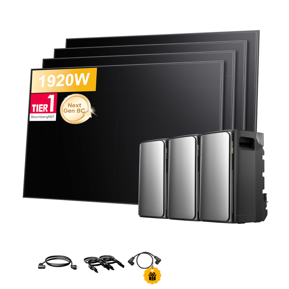 Schwarze Solarmodule mit 1920W, TIER 1, BloombergNEF, Next Gen BC, und drei silbernen Energiespeichern.