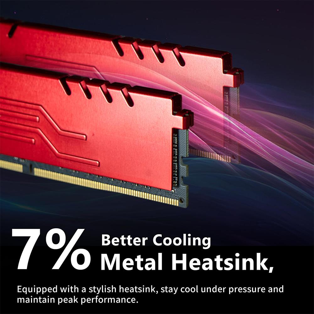 Arka planda pembe dalgalar ve metal soğutuculu iki kırmızı RAM modülü.