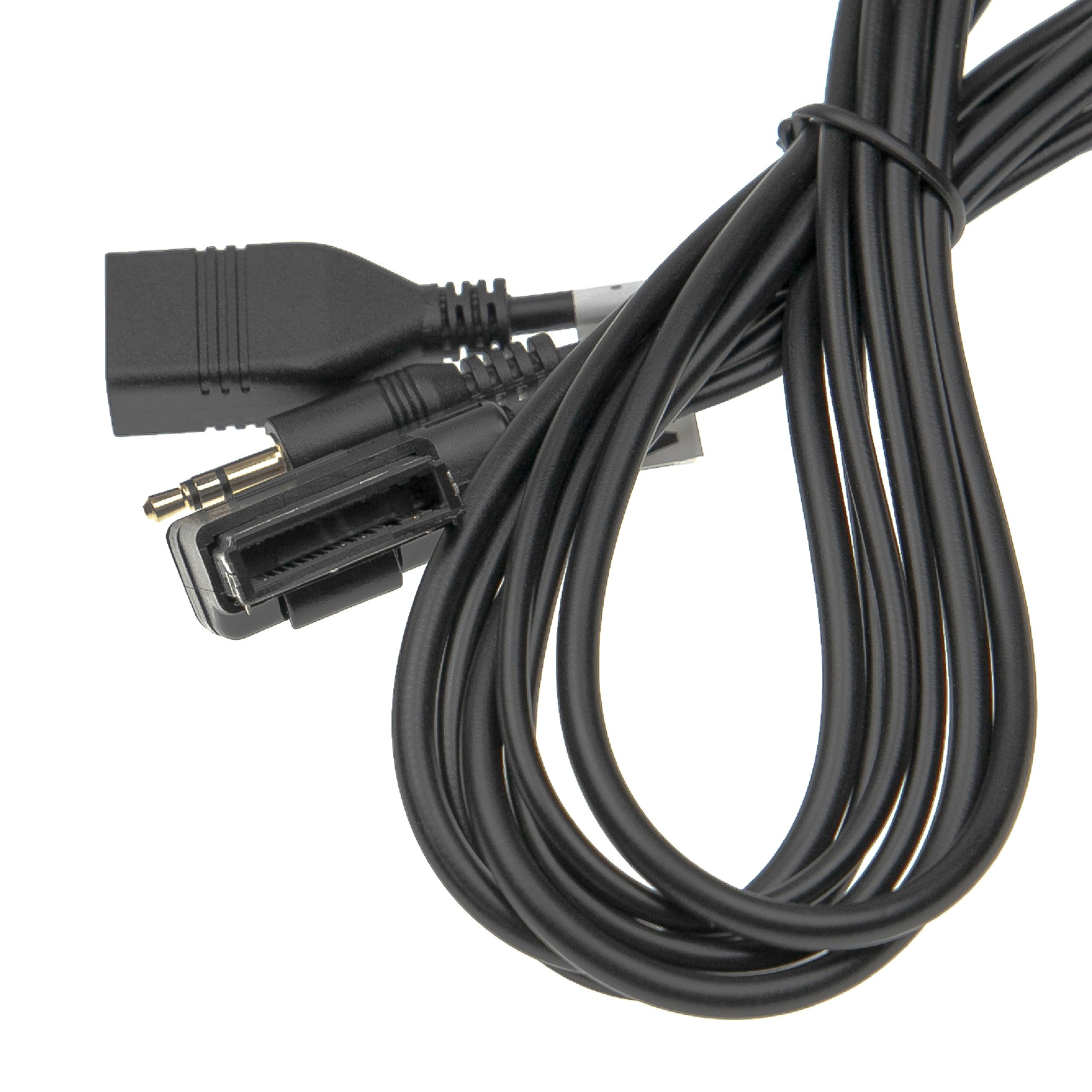 Schwarzes Kabel mit mehreren Steckern, darunter ein 3,5-mm-Klinkenstecker.