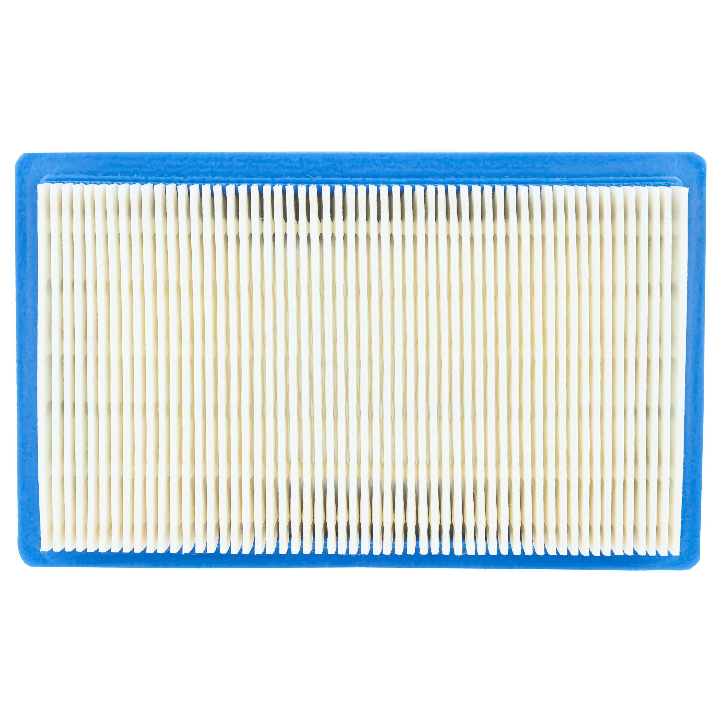 Ein rechteckiger Luftfilter mit blauem Rahmen und weißen Lamellen.