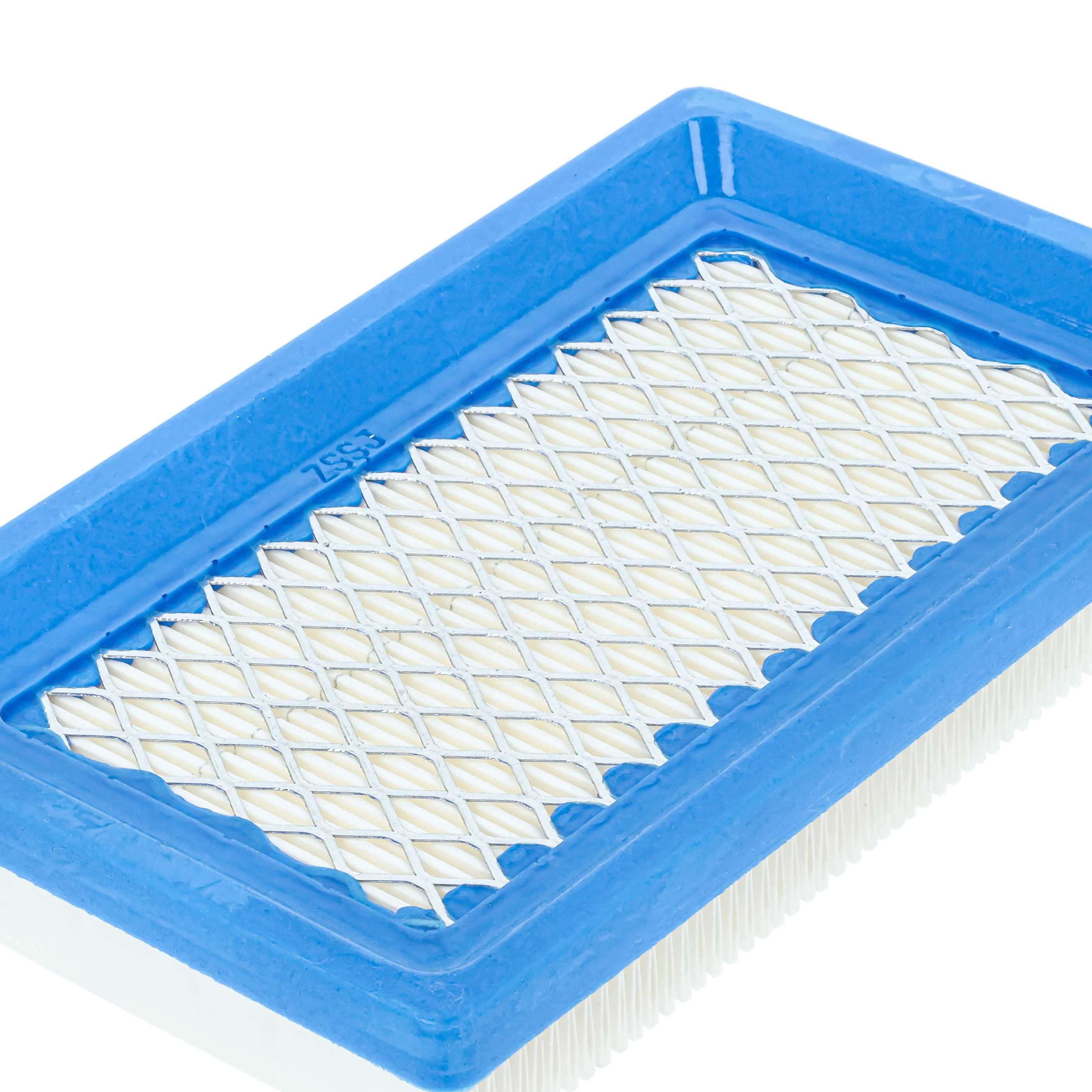 Ein blauer Luftfilter mit einem weißen, gefalteten Filtermaterial und einem Metallgitter.