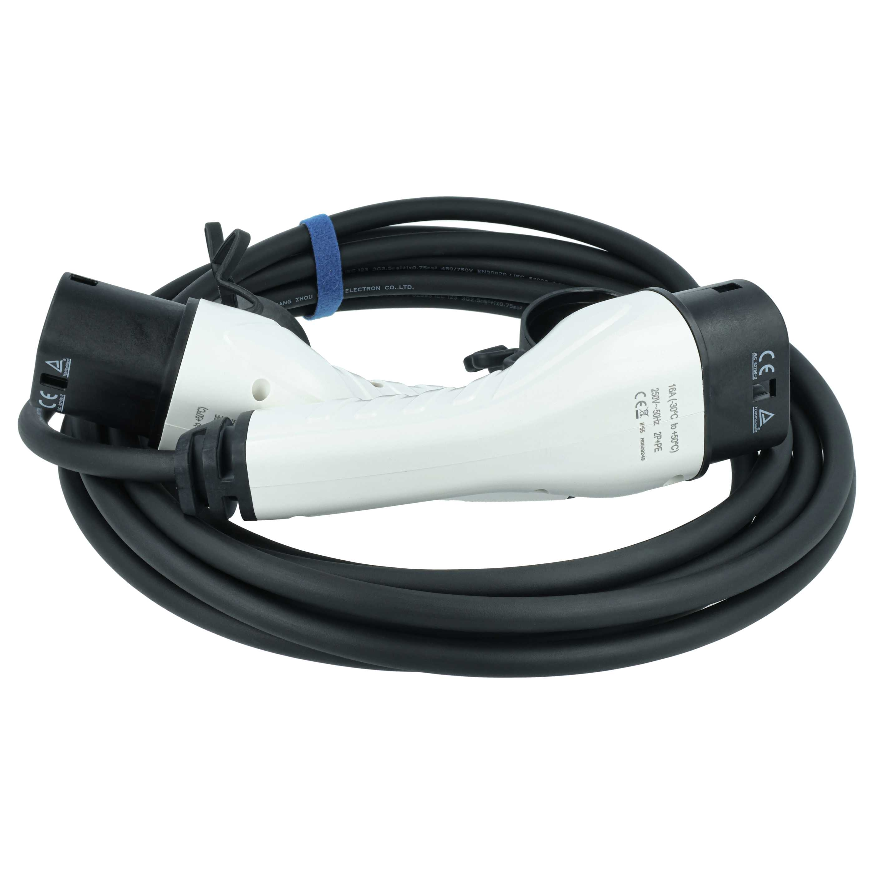 Schwarzes Ladekabel mit zwei weißen Steckern, aufgerollt.