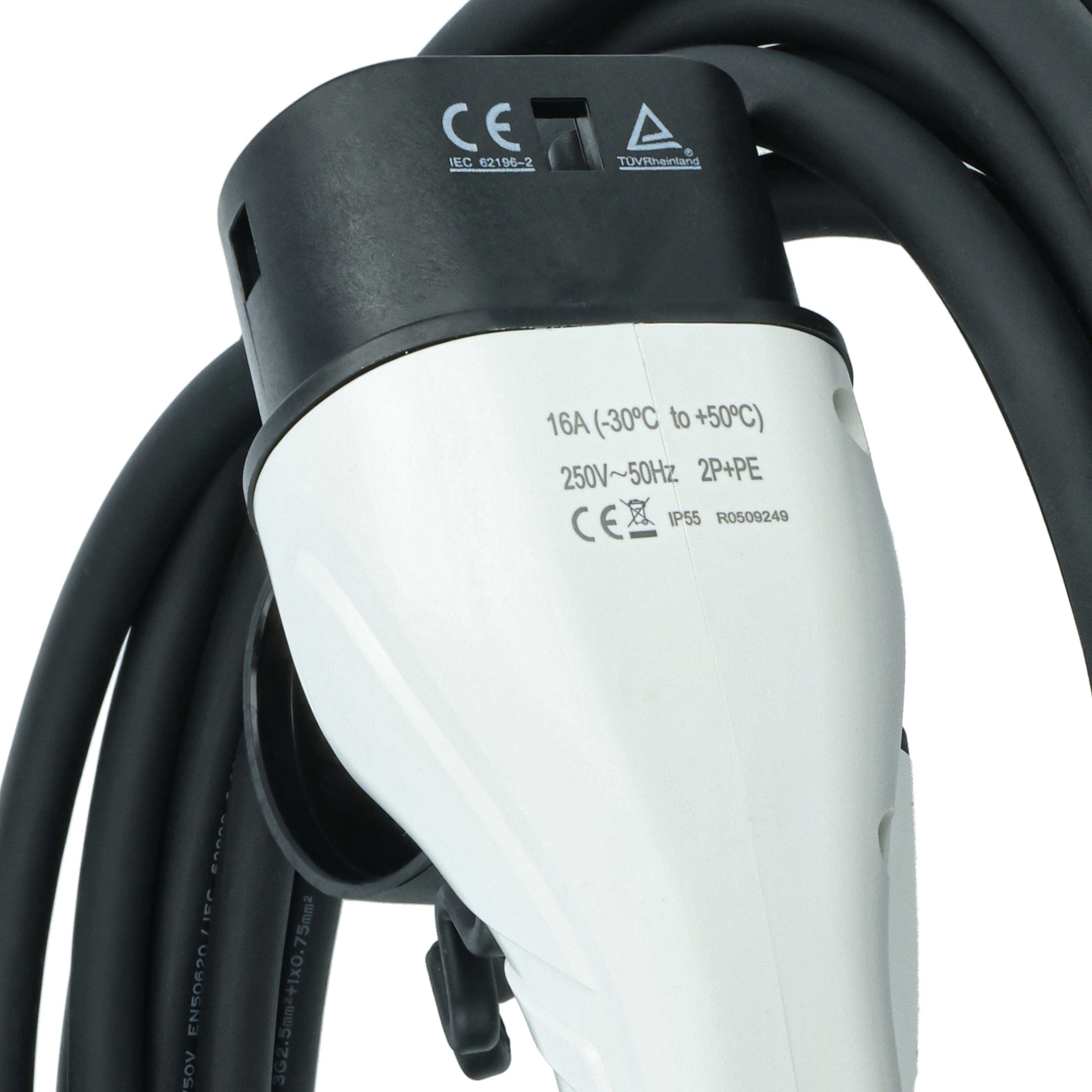 Ein weißer und schwarzer Ladeadapter mit Kabel und Zertifizierungszeichen.