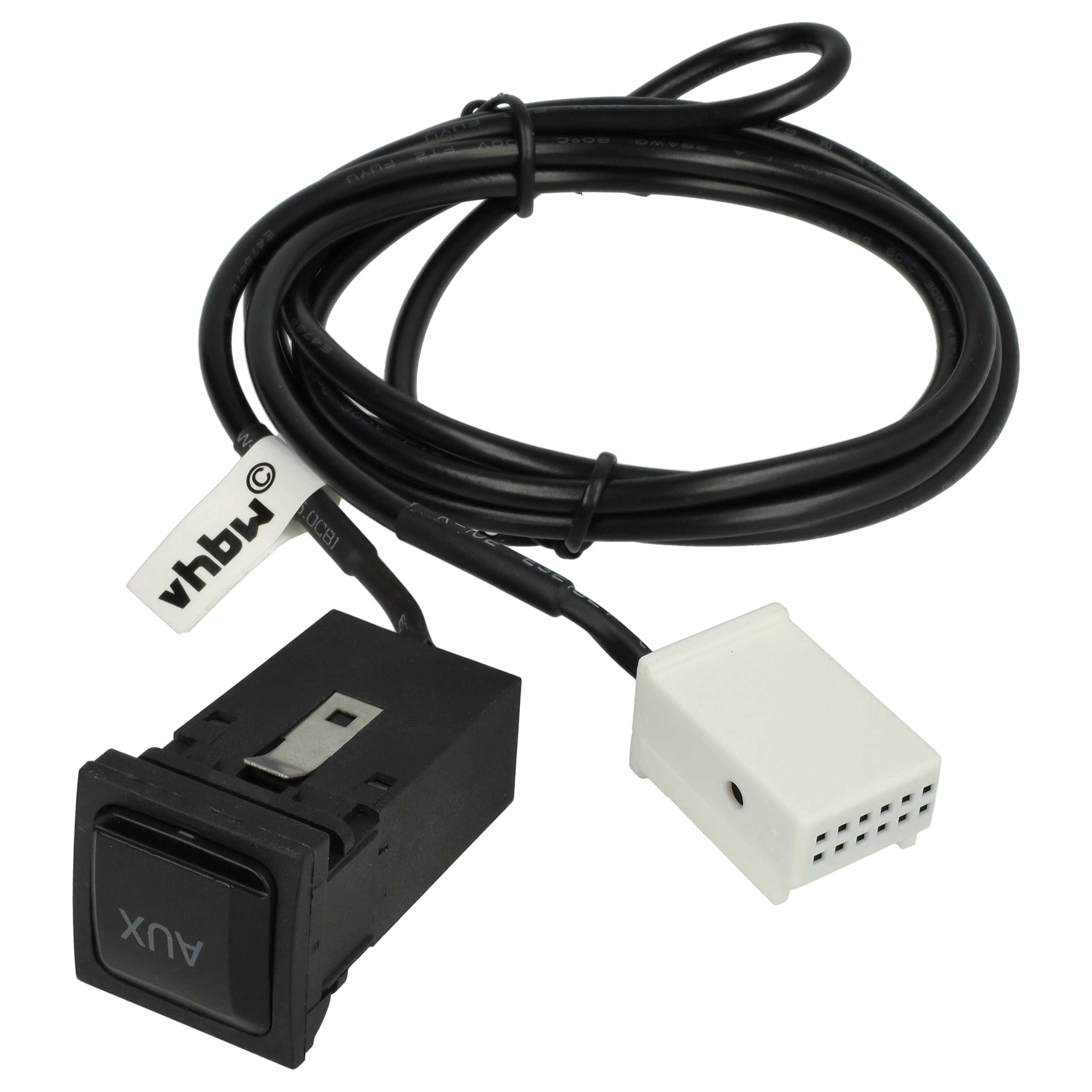 Ein schwarzer AUX-Schalter mit weißem Stecker und schwarzem Kabel.
