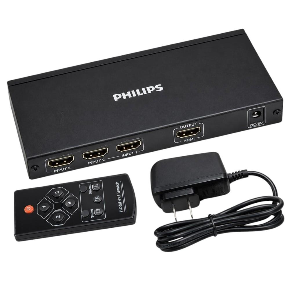 Siyah Philips HDMI 4x1 anahtar, uzaktan kumanda ve güç adaptörü ile.