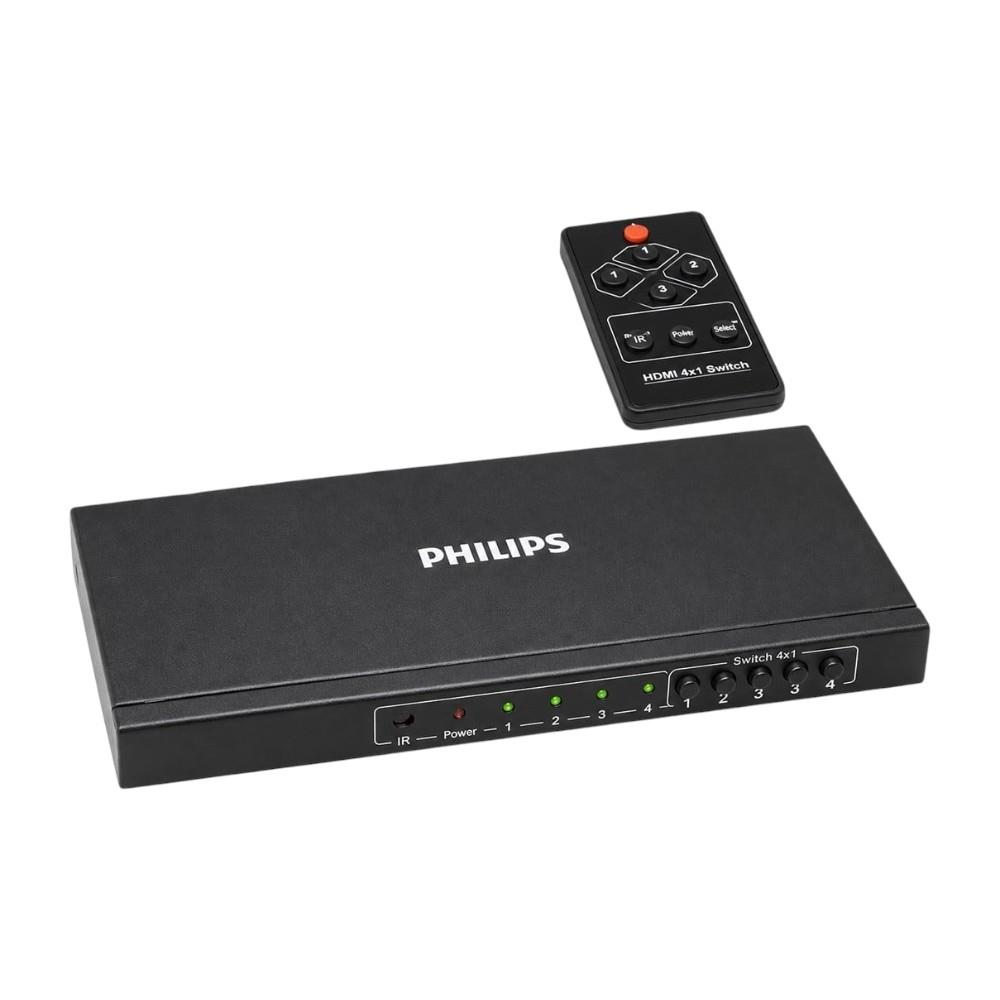 Siyah Philips HDMI 4x1 anahtar, uzaktan kumanda ve durum ışıklarıyla.