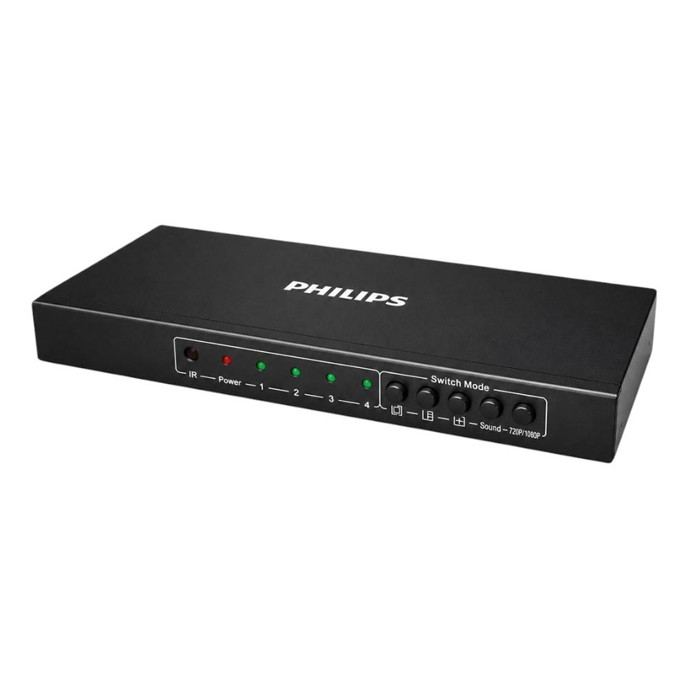 Kontrollü siyah Philips cihaz: IR, Güç, 1-4, Anahtar Modu, Ses 720p/1080p.
