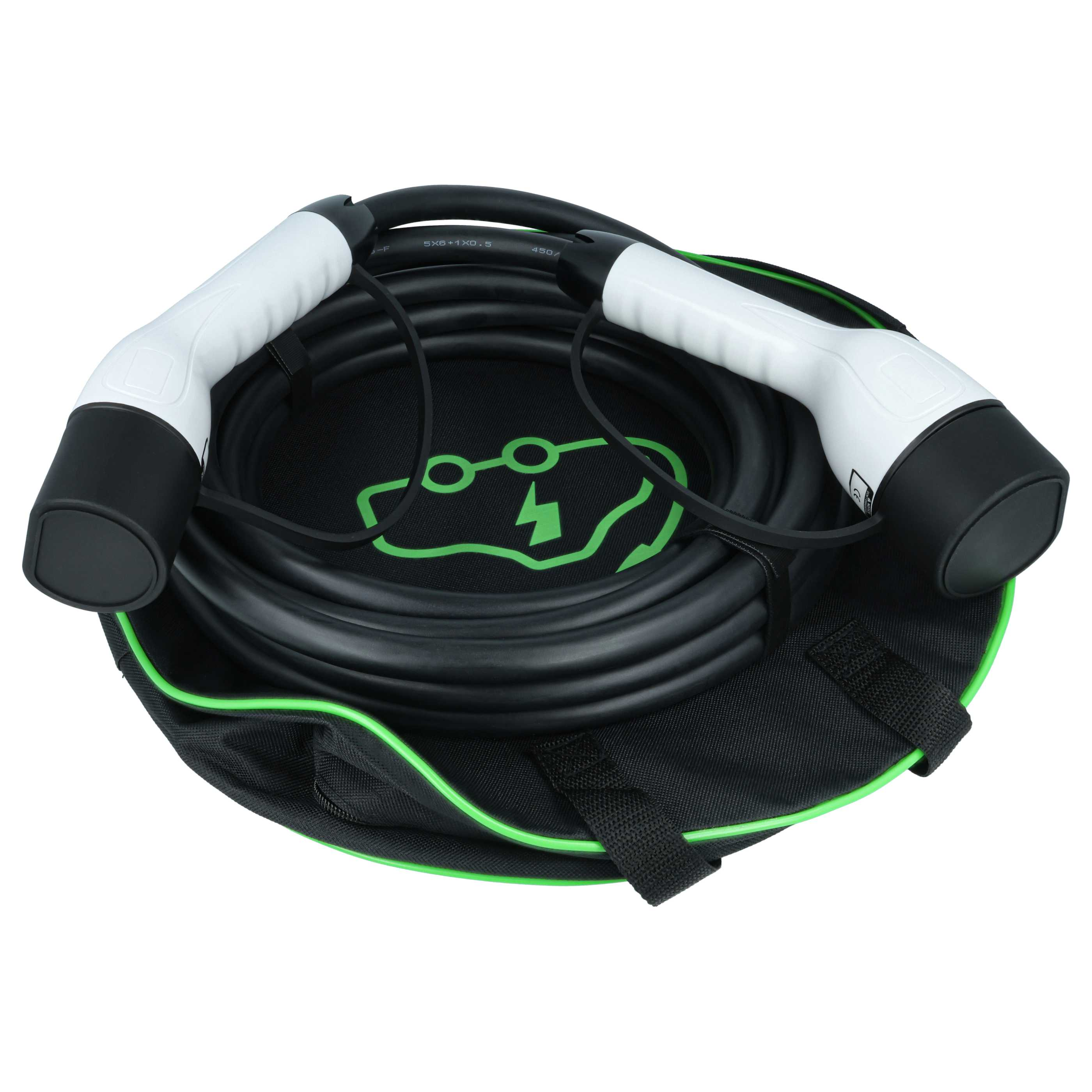 Schwarzes Ladekabel mit weißen Steckern in einer schwarzen Tasche mit grünem Rand.