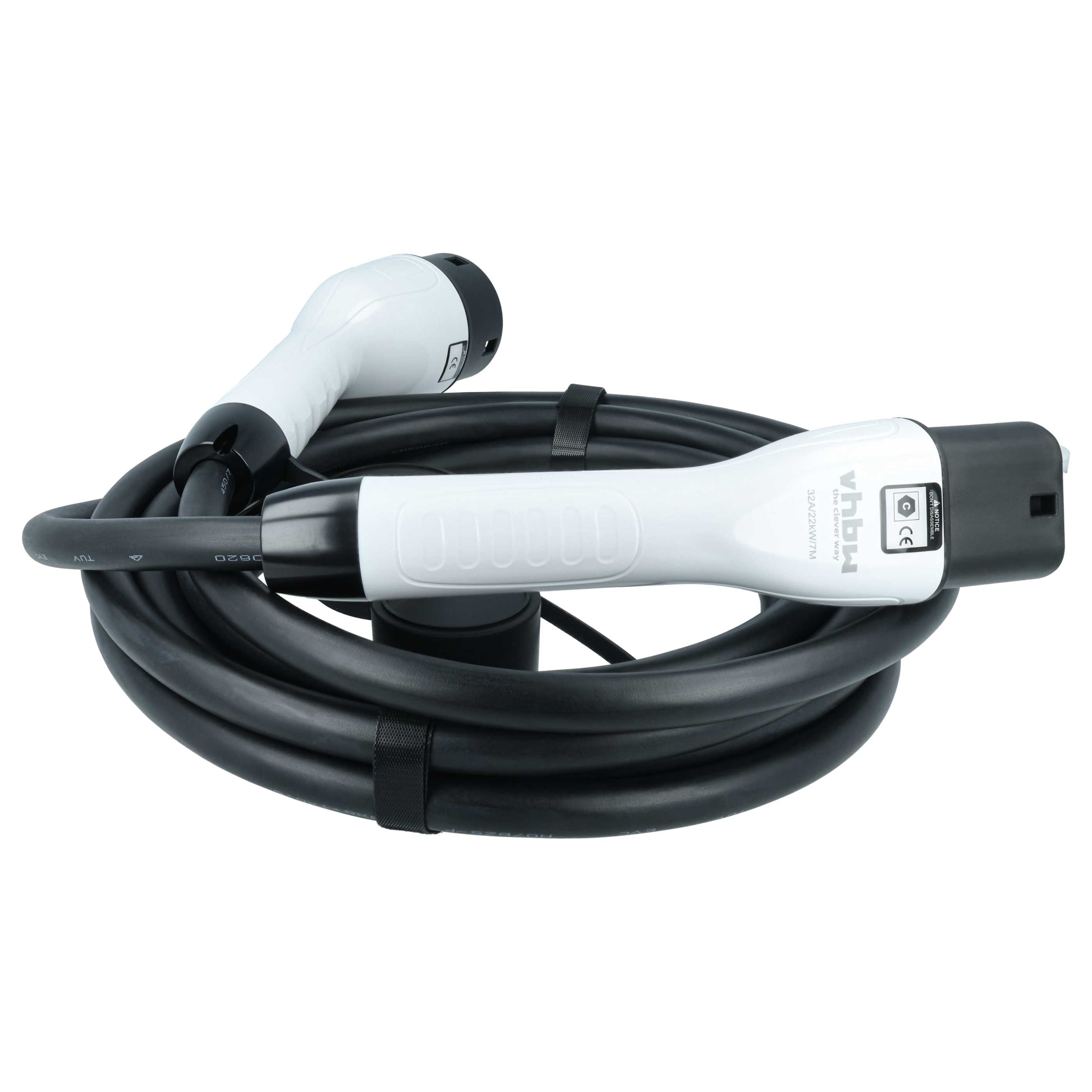 Ein weißes und schwarzes EV-Ladekabel mit zwei Steckern und einem schwarzen Kabel.