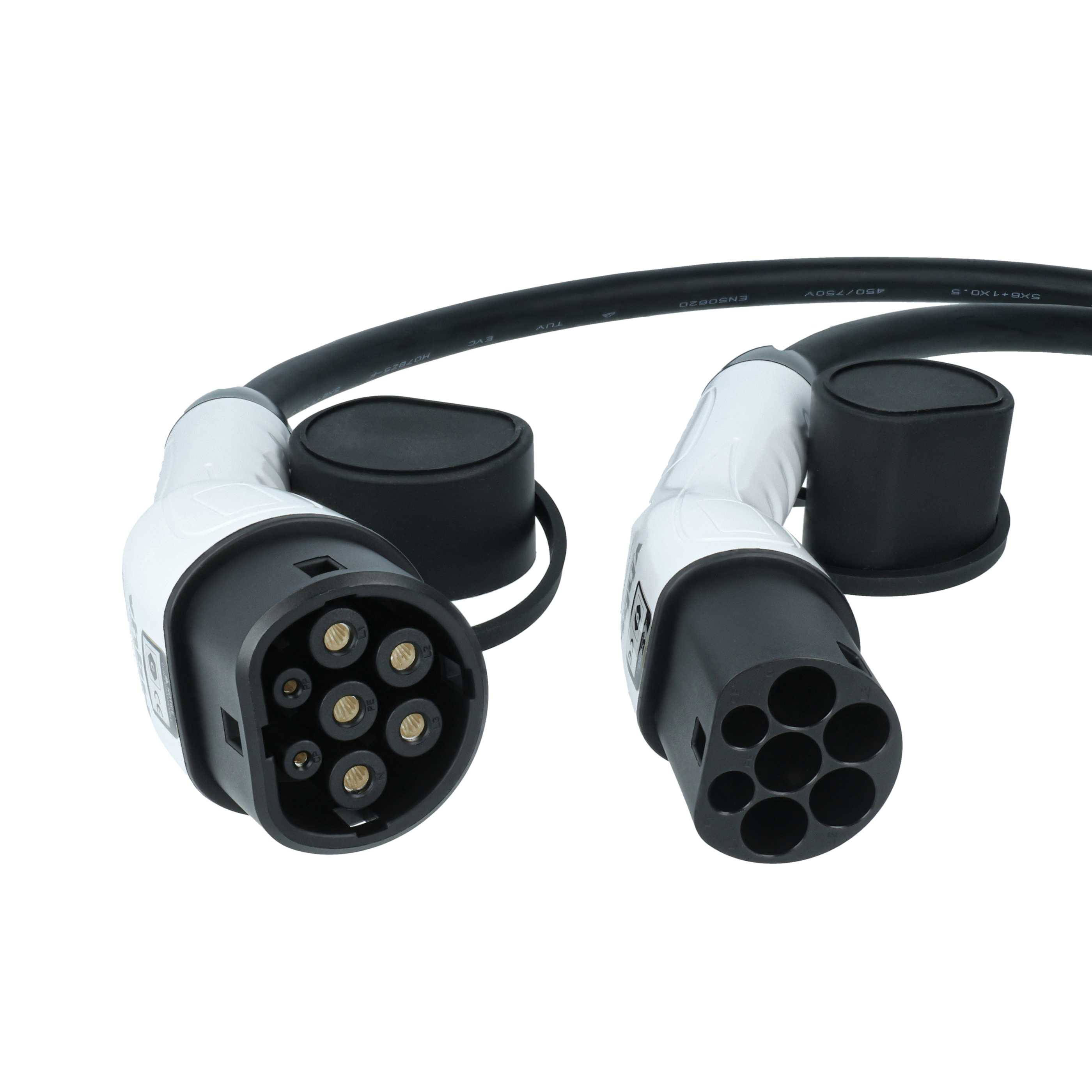 Zwei weiße und schwarze Stecker mit Kabeln auf weißem Hintergrund.
