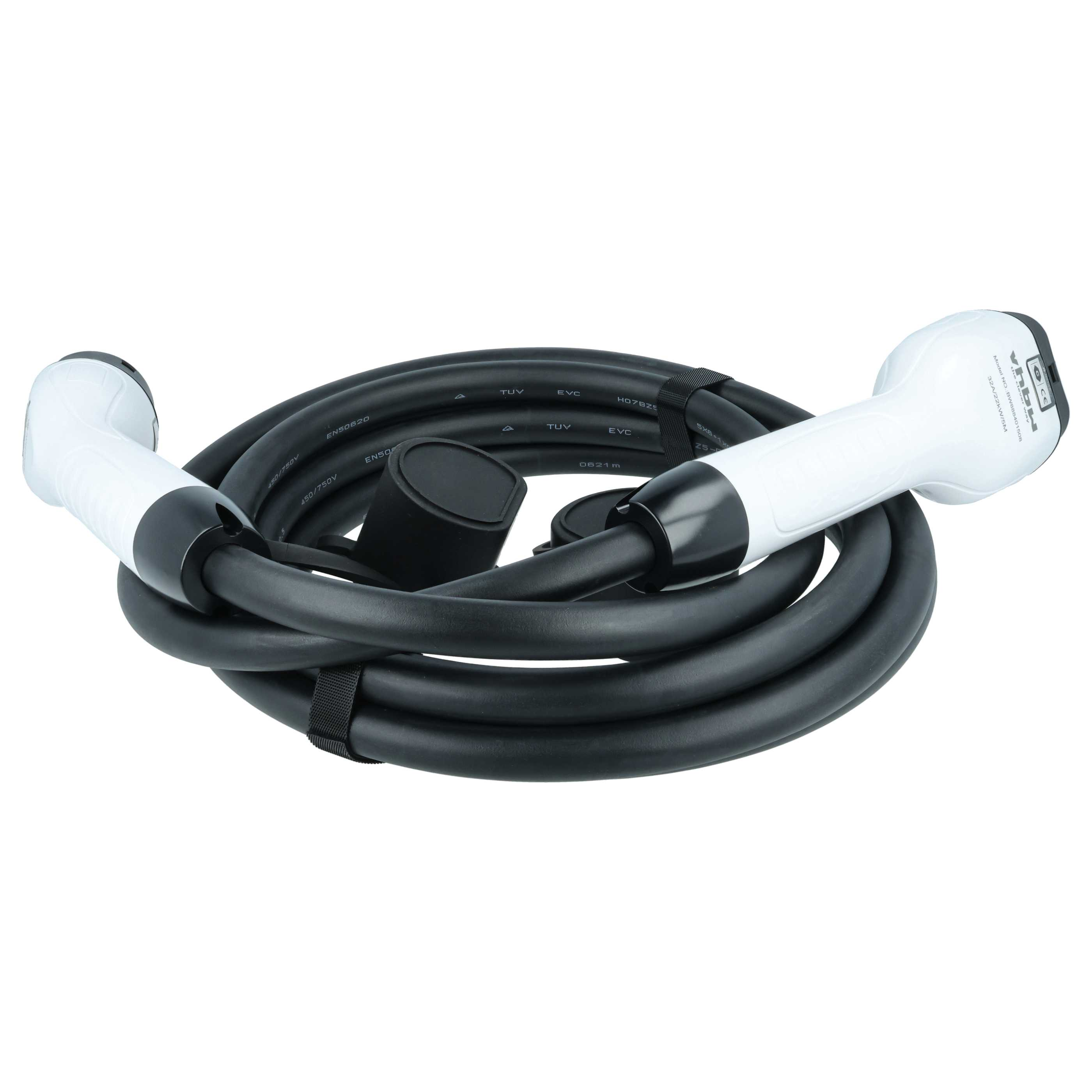Schwarzes Ladekabel mit zwei weißen Steckern, aufgerollt.