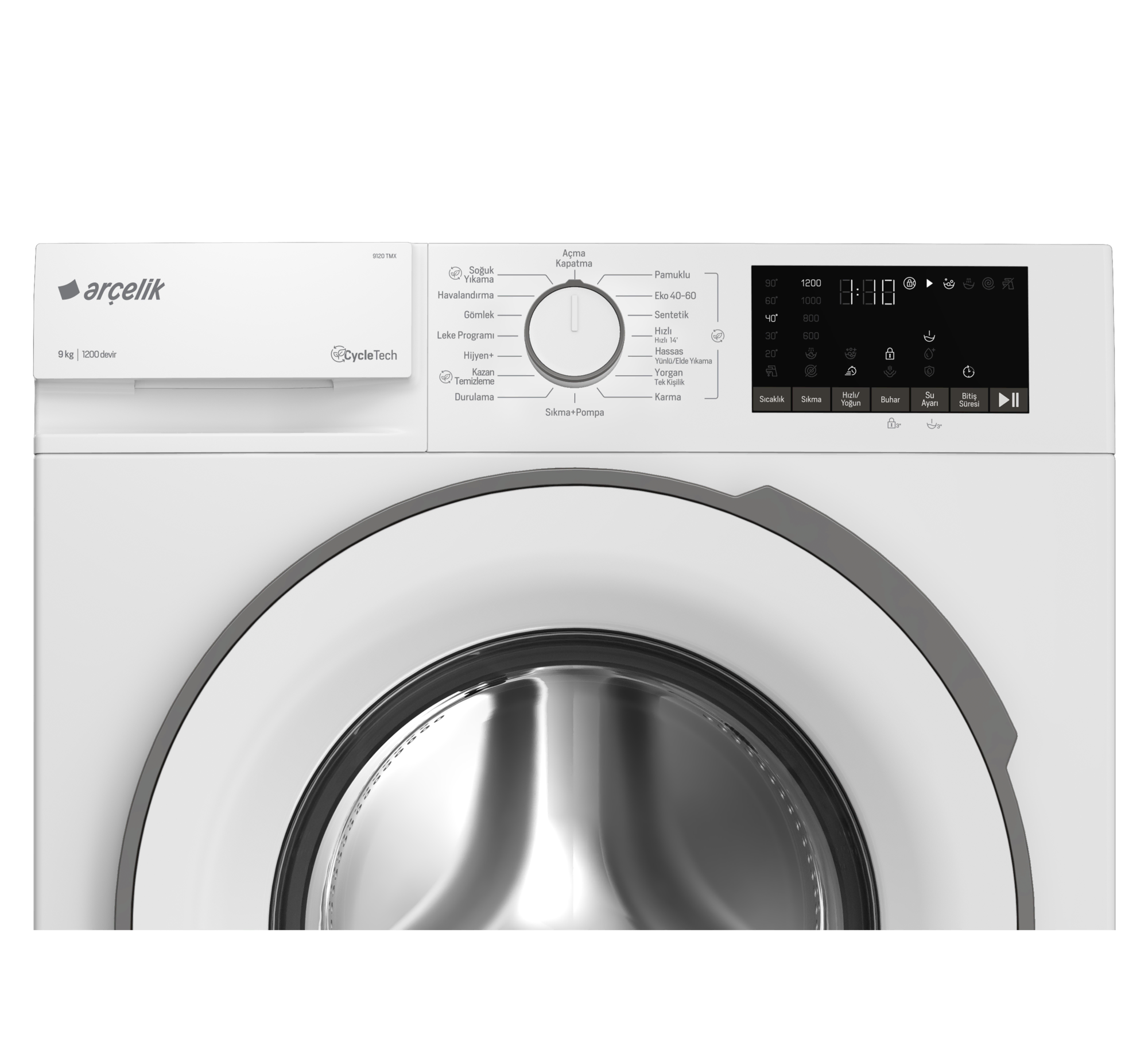 Dijital ekranlı ve program seçme düğmeli beyaz çamaşır makinesi.