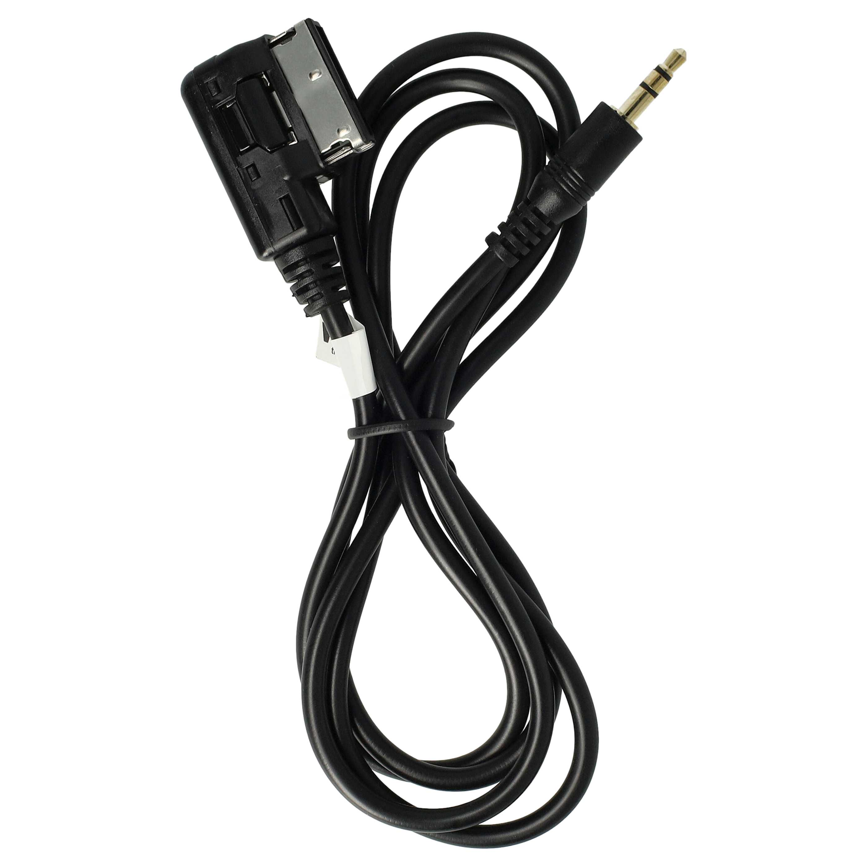 Schwarzes Kabel mit 30-Pin-Anschluss und 3,5-mm-Klinkenstecker.