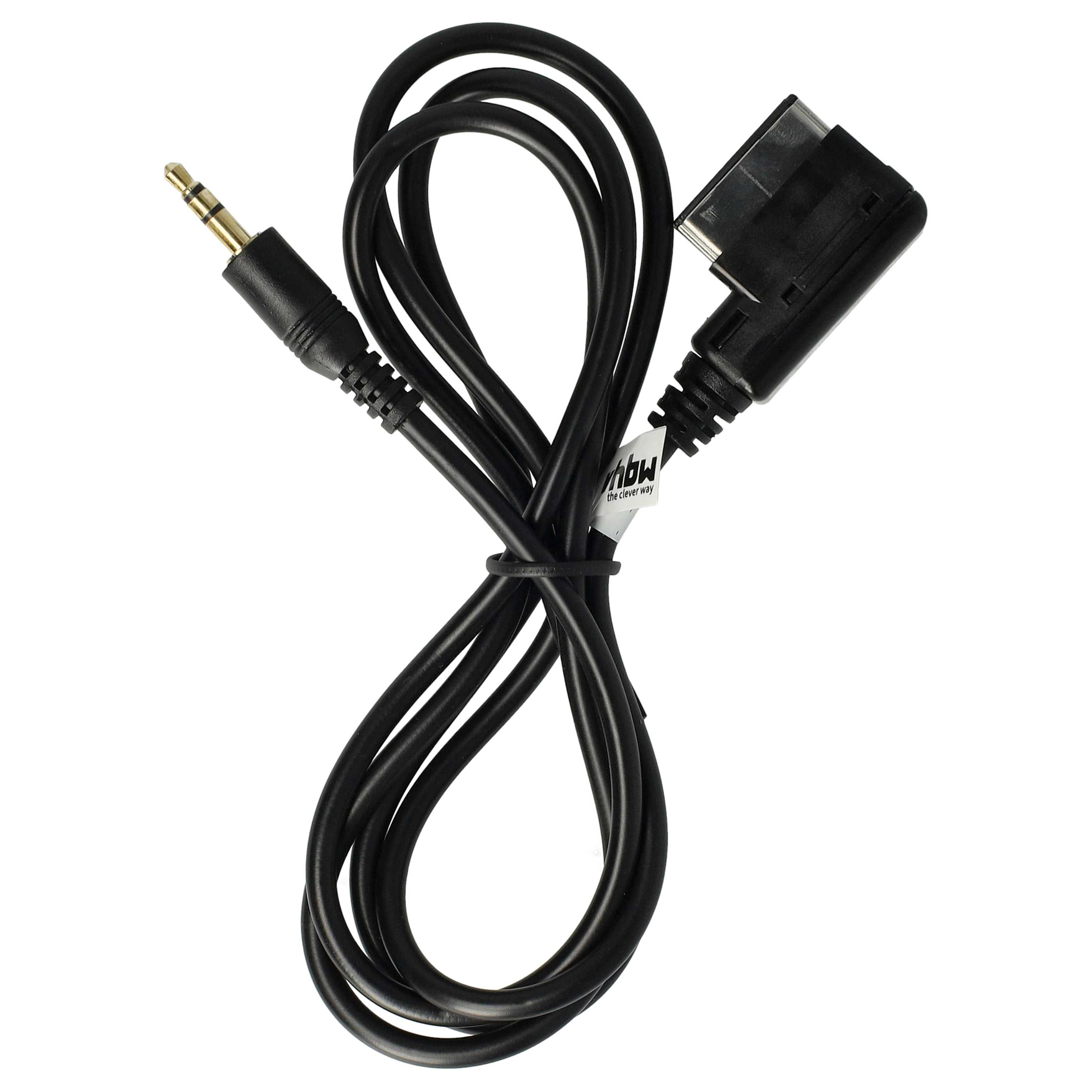 Ein schwarzes Kabel mit 3,5-mm-Klinken- und 30-poligem Stecker auf weißem Hintergrund.
