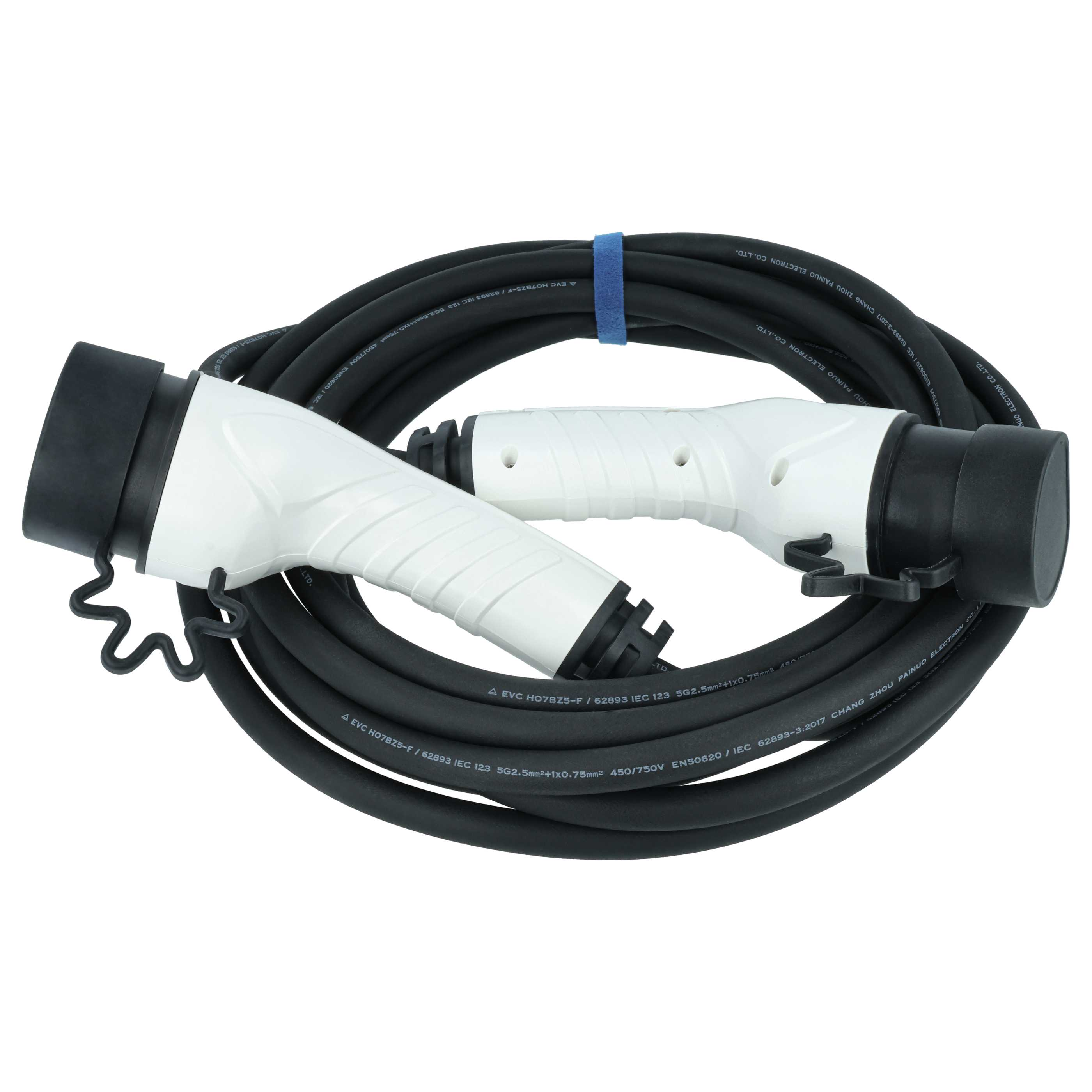 Ein schwarzes Kabel mit zwei weißen Steckern, gebündelt mit einem blauen Band.