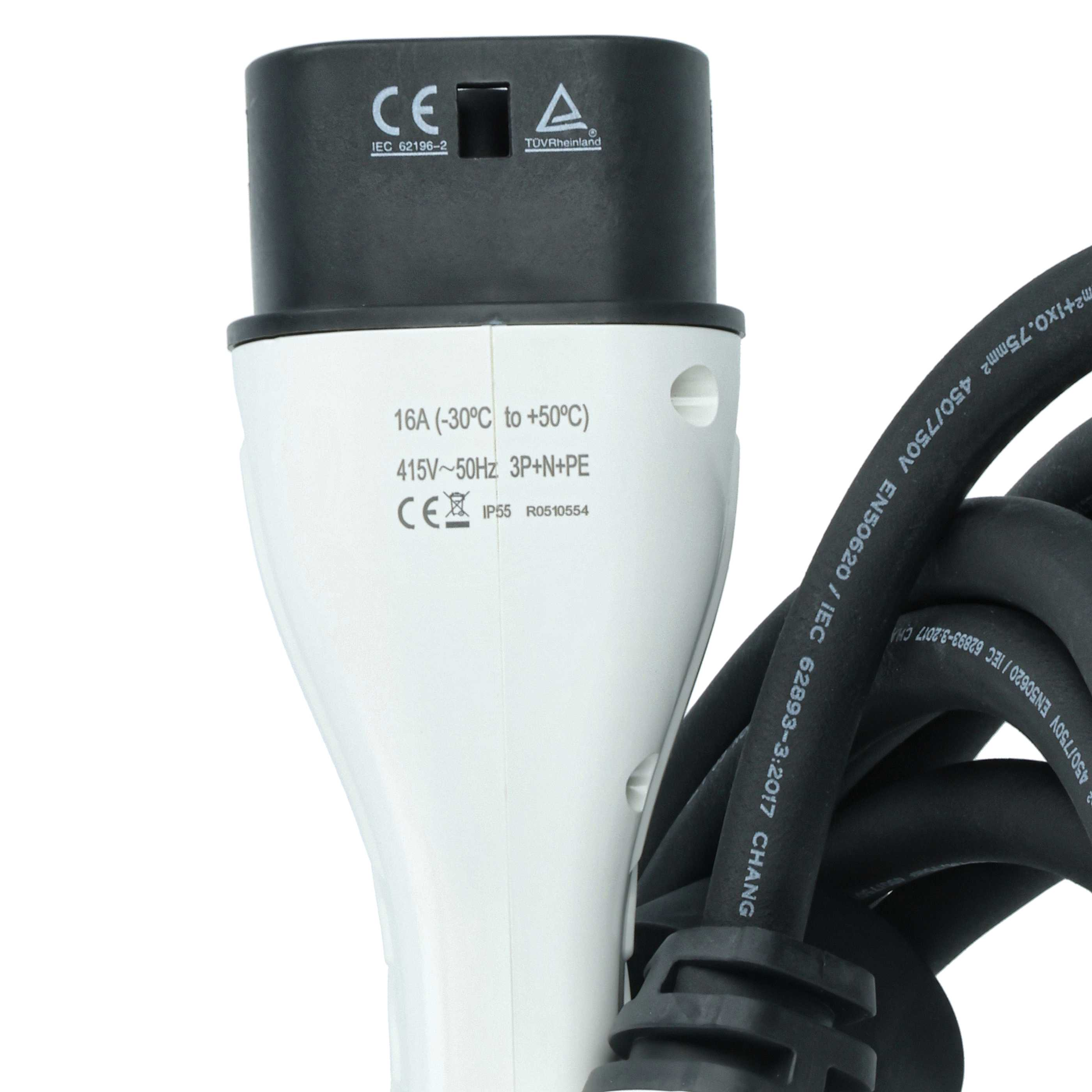Ein weißer Ladestecker mit schwarzem Kabel, Details: 16A, 415V, IP55.