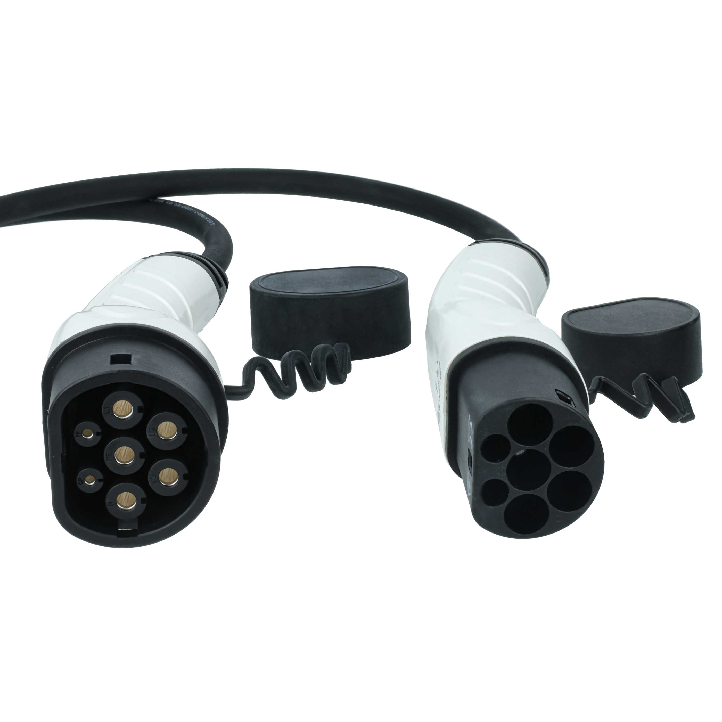 Ein schwarzes Kabel mit zwei weißen Steckern und schwarzen Schutzkappen.