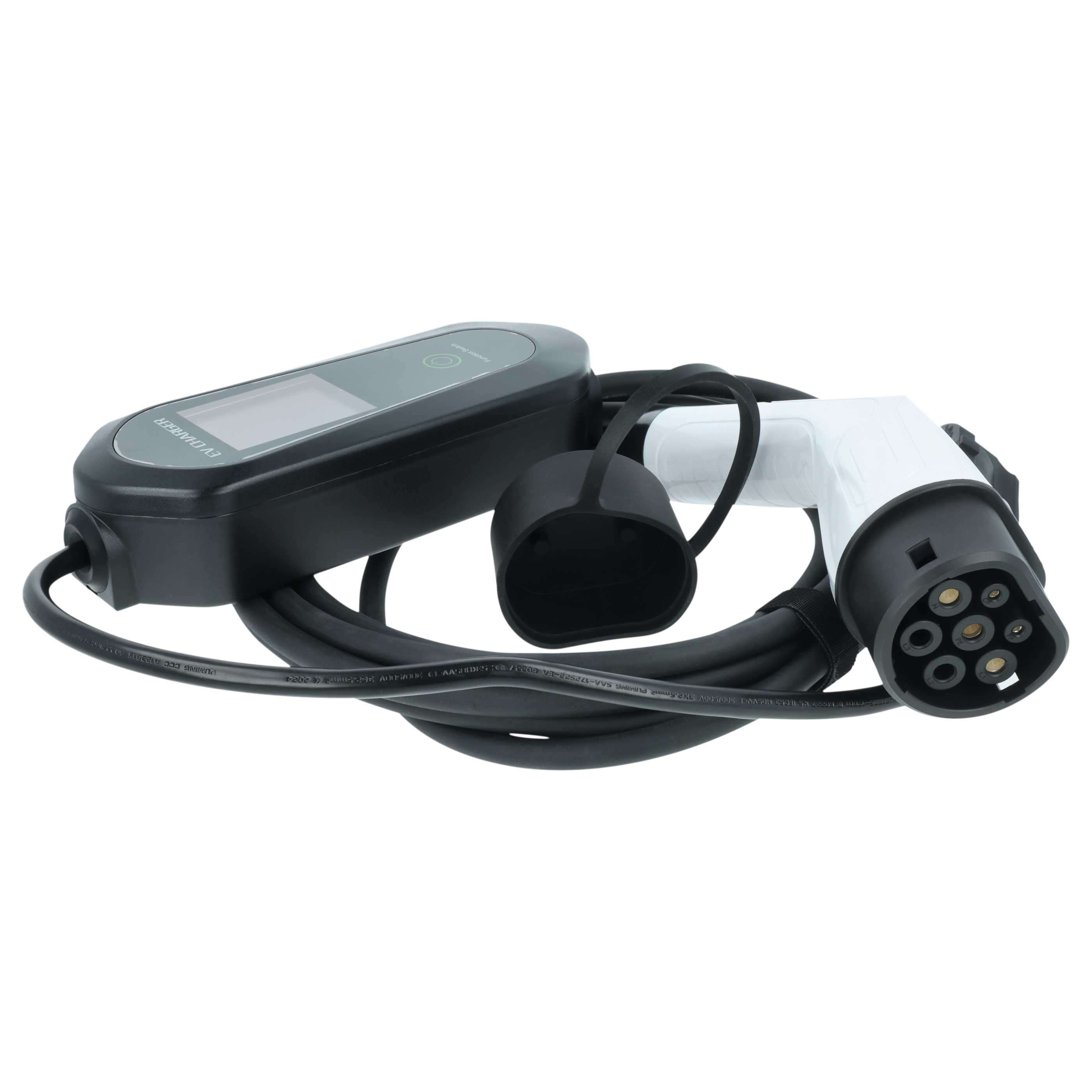 Ein schwarzes EV-Ladegerät mit weißem Stecker und einem digitalen Bildschirm.