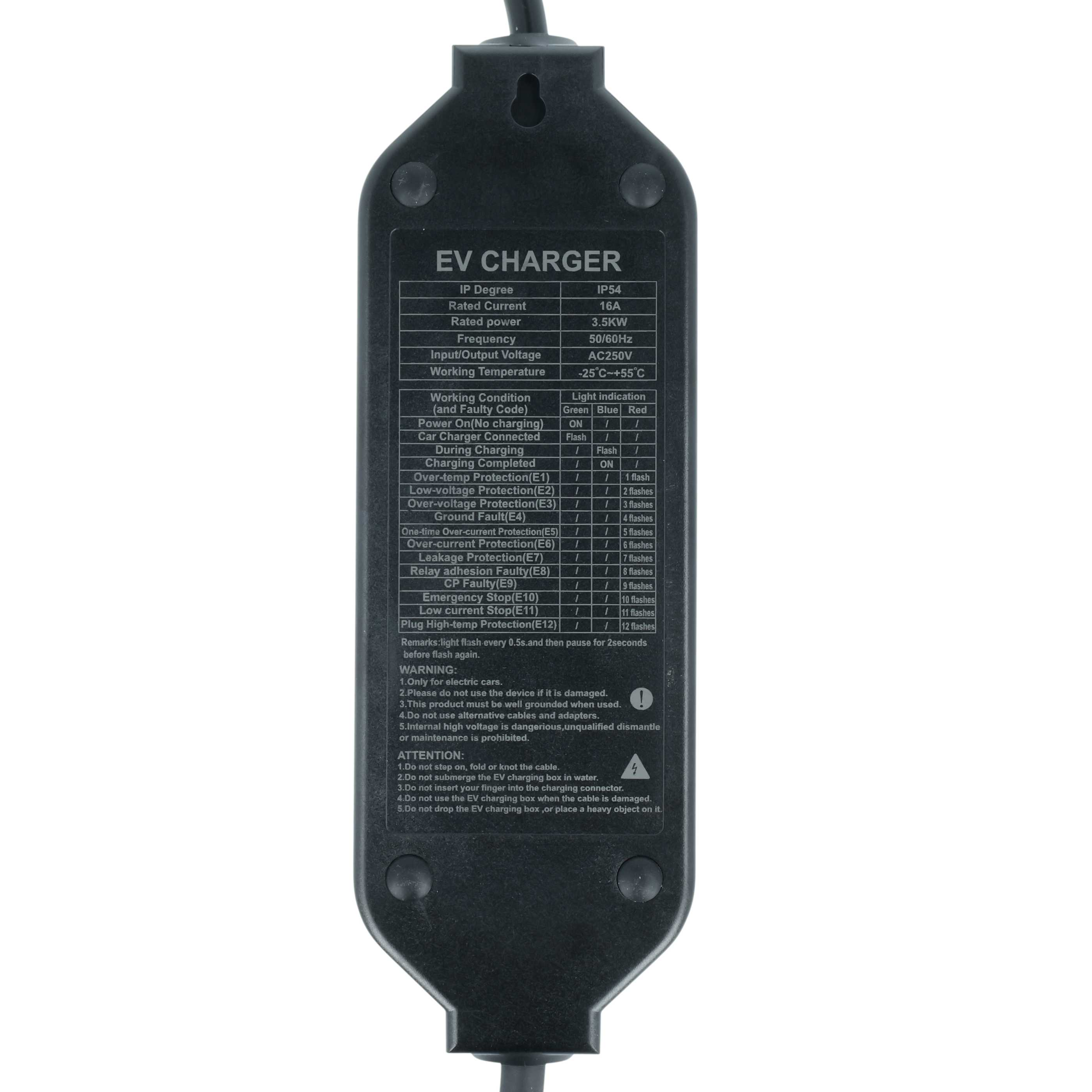 Ein schwarzes EV-Ladegerät mit technischen Spezifikationen und Warnhinweisen.