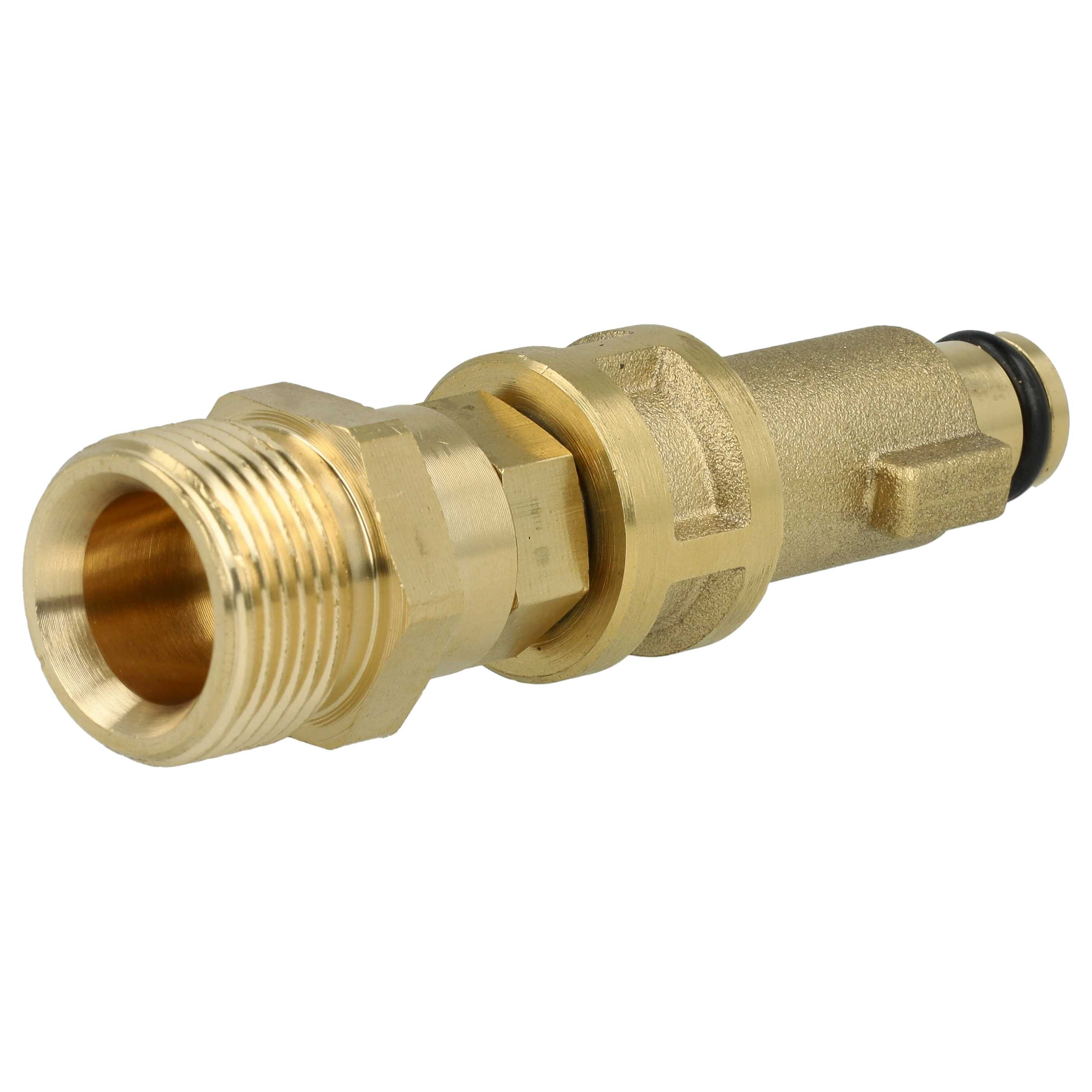 Ein goldenes Messingventil mit Gewindeanschluss und schwarzem O-Ring.