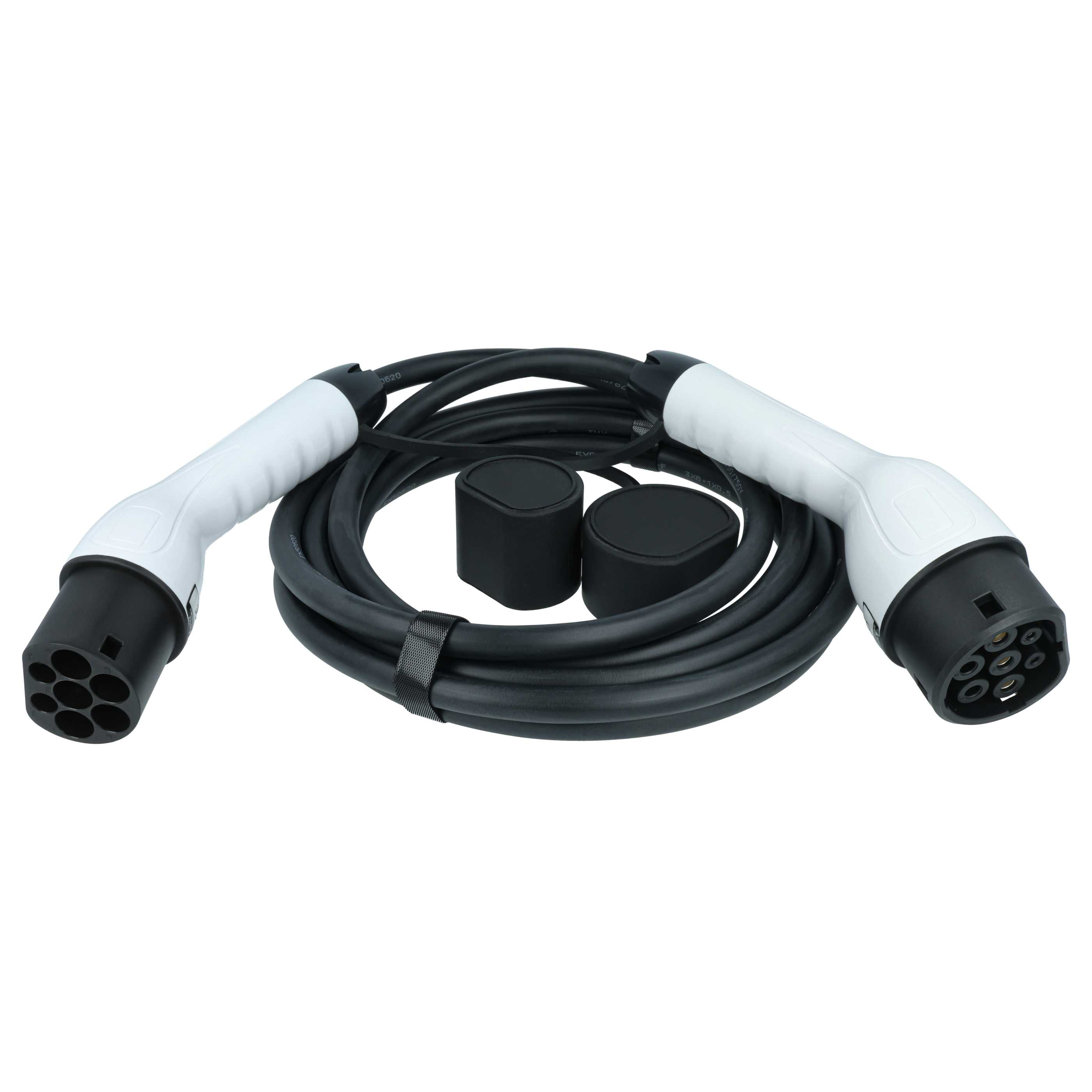 Schwarzes Ladekabel mit weißen Steckern und zwei schwarzen Kappen.