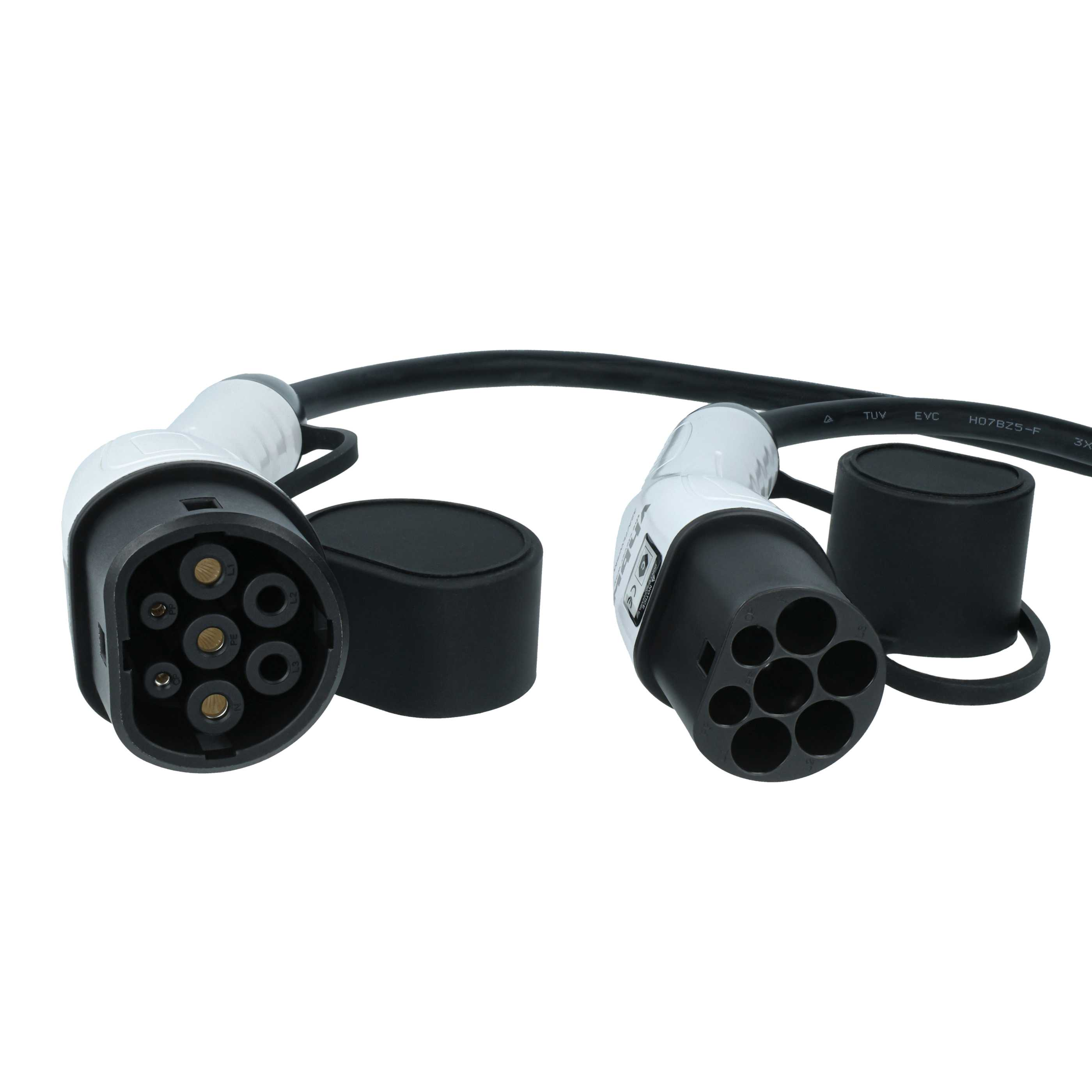 Ein schwarzes Kabel verbindet zwei weiße und schwarze Steckverbinder mit Schutzhüllen.