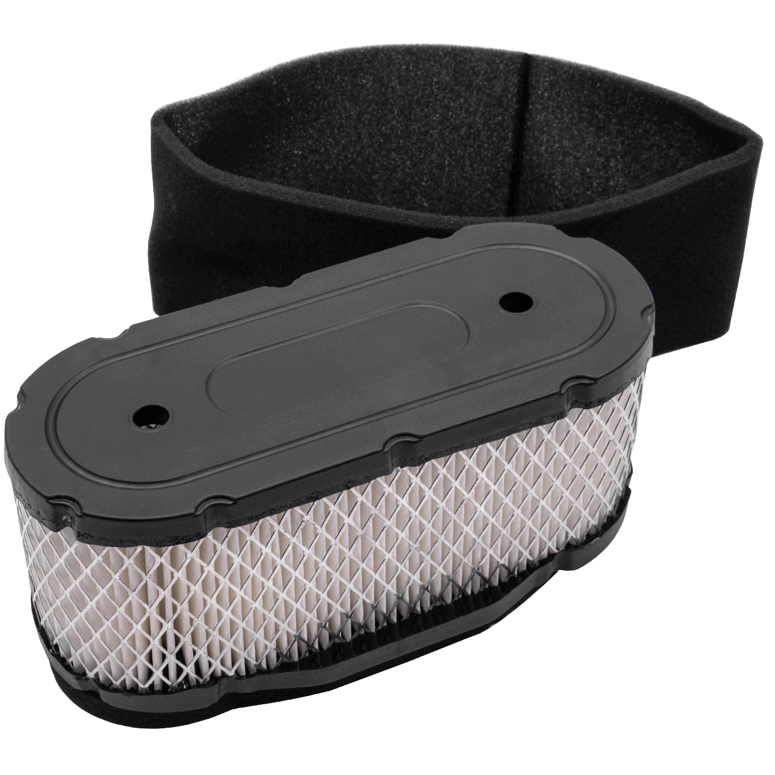 Schwarzer ovaler Luftfilter mit weißem Filtermedium und einem schwarzen Schaumstoff-Vorfilter.