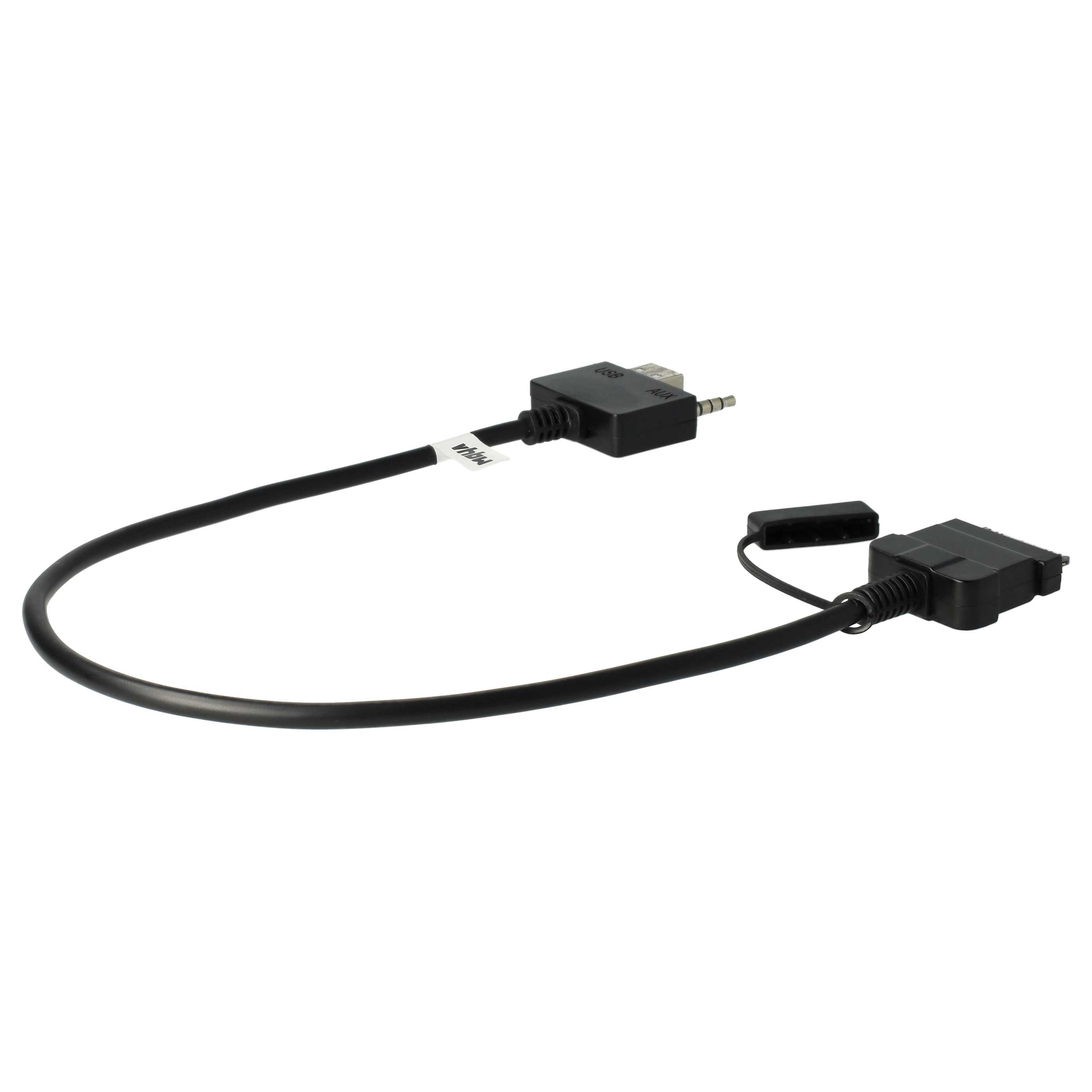 Ein schwarzes Kabel mit USB-, AUX- und 3,5-mm-Klinkenstecker-Anschlüssen.