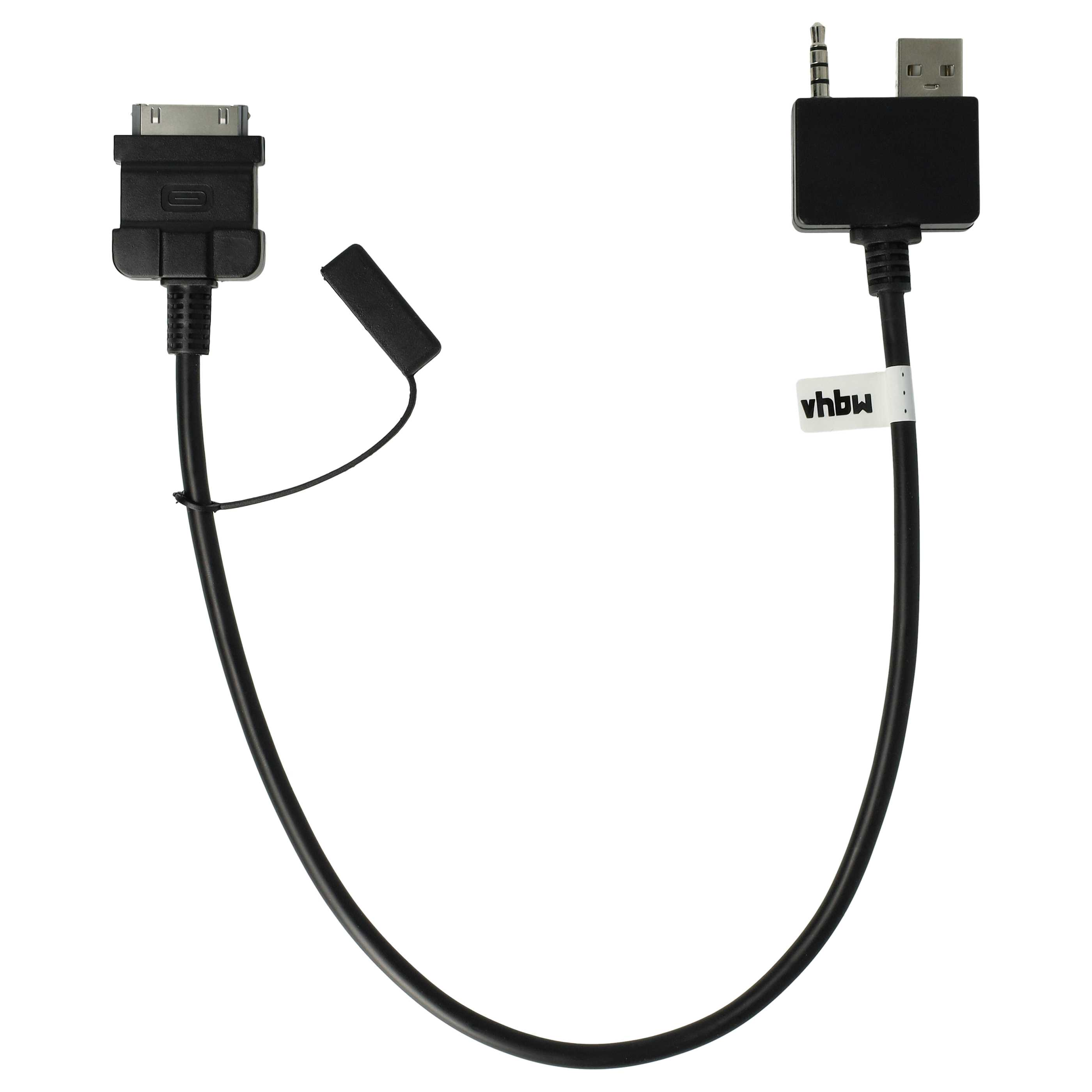 Schwarzes Kabel mit 30-Pin-Anschluss, 3,5-mm-Klinkenbuchse und USB-Anschluss.