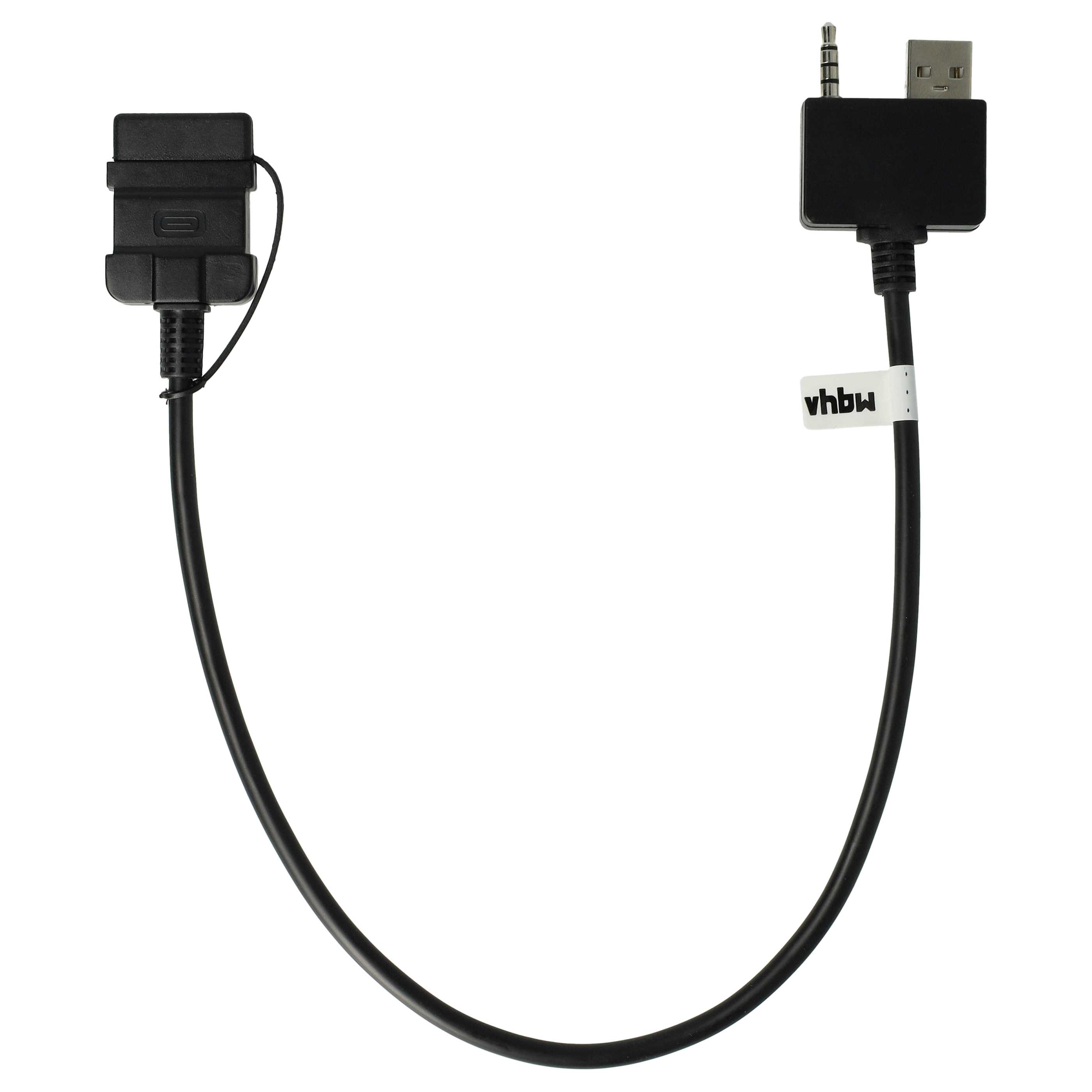 Schwarzes Kabel mit USB-A-Stecker und 3,5-mm-Klinkenanschluss.