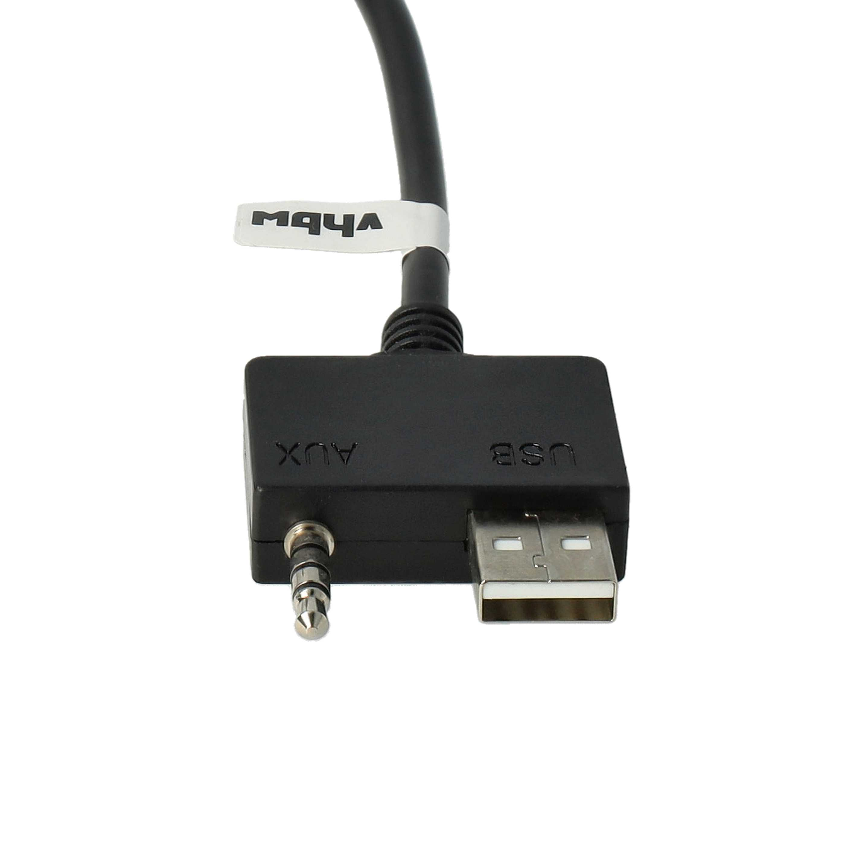 Schwarzes Kabel mit USB- und AUX-Anschluss, auf weißem Hintergrund.