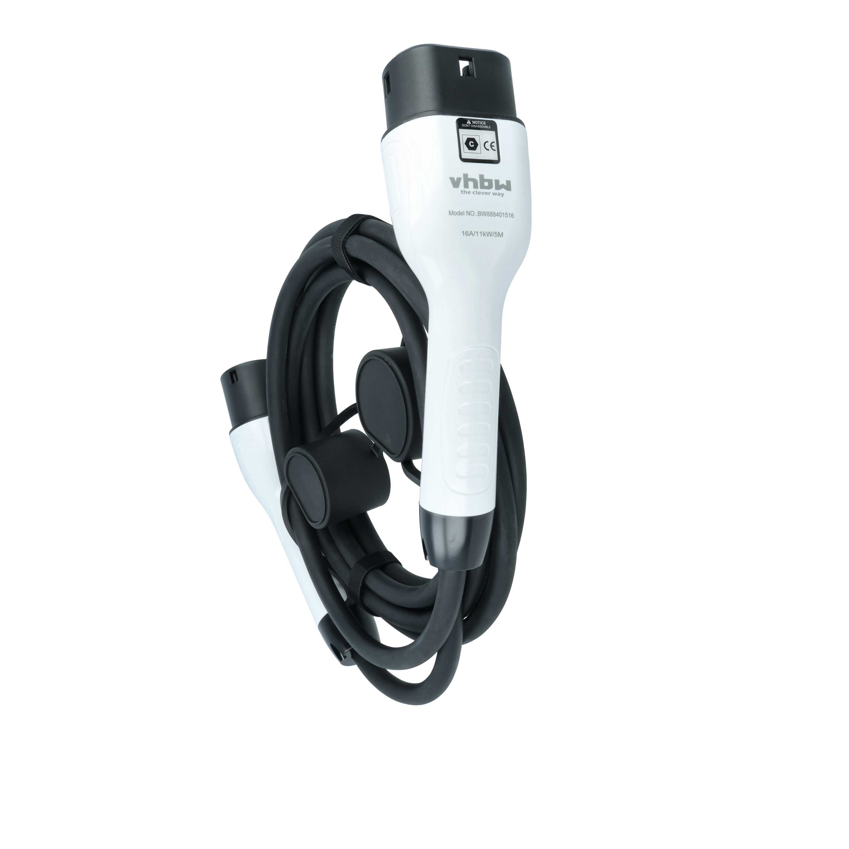 Ein weißer und schwarzer Ladekabel mit zwei Steckern, auf weißem Hintergrund.