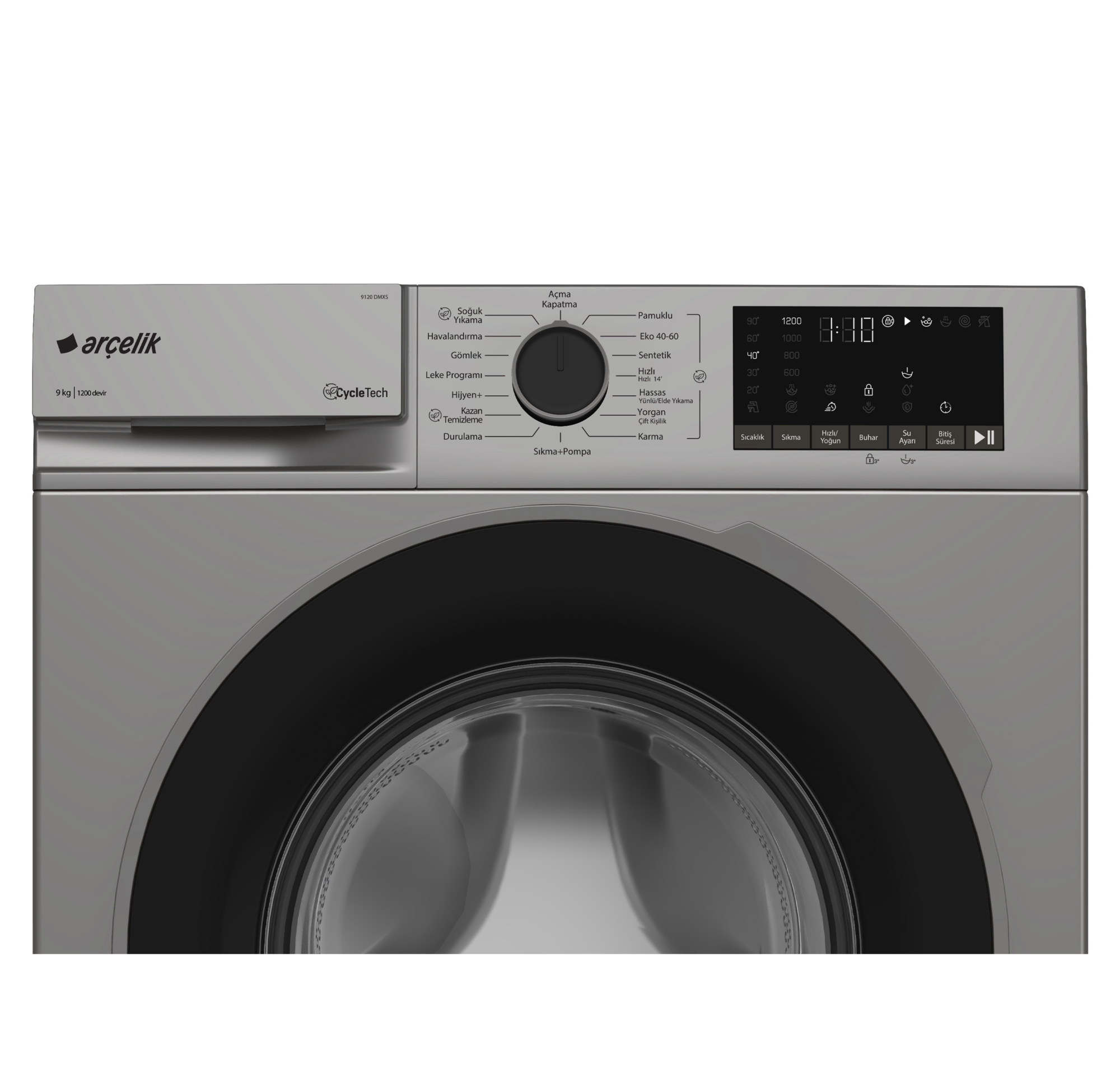 Programları ve dijital ekranı listeleyen kontrol panelli gri çamaşır makinesi.
