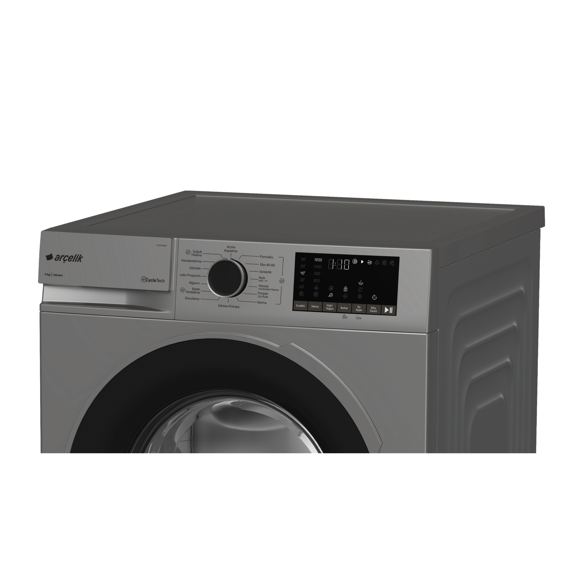 Dijital ekranlı ve program seçme düğmeli gümüş Arçelik çamaşır makinesi. 9kg, 1200 devir.