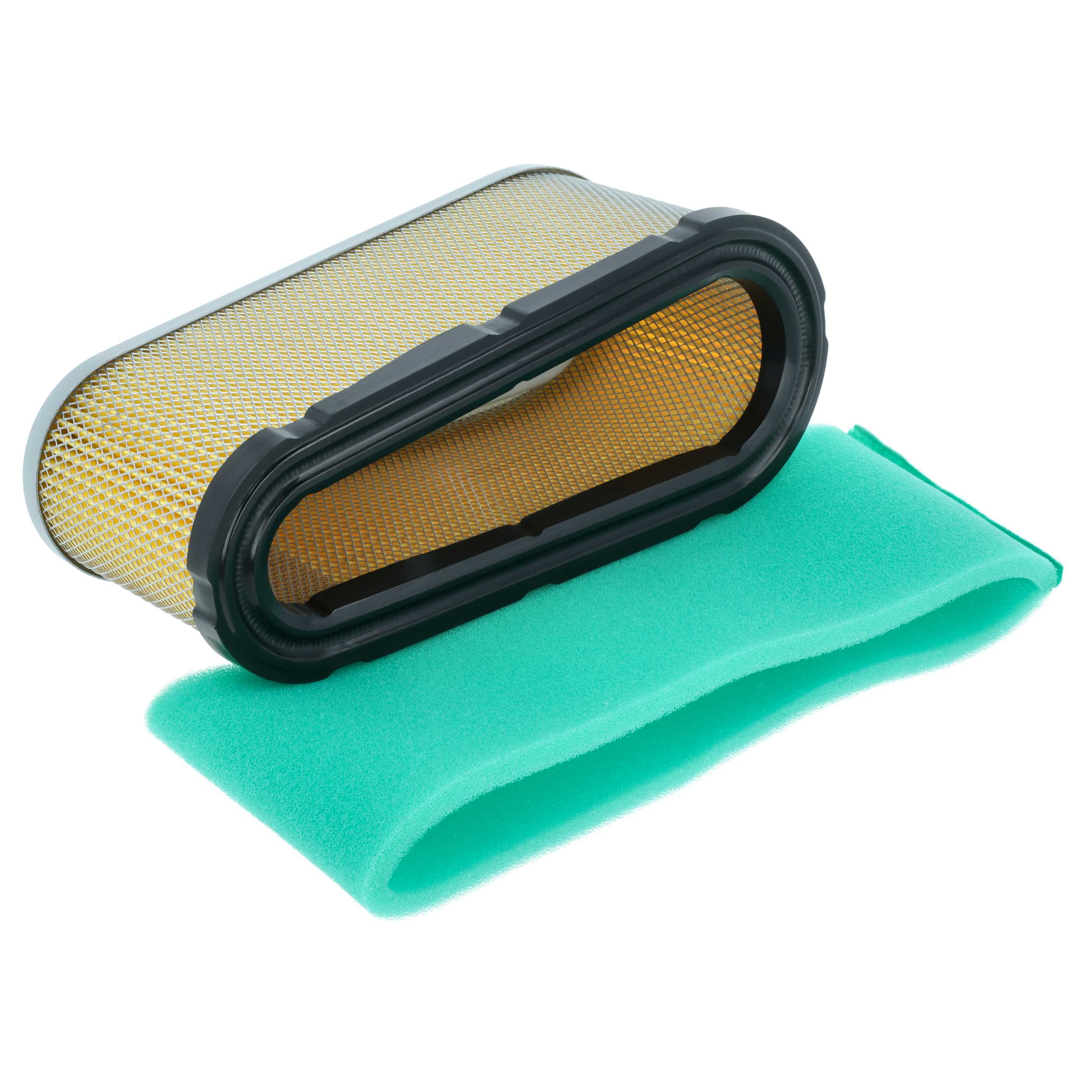 Ein rechteckiger Luftfilter mit gelbem Filterelement und schwarzem Rahmen liegt auf einem grünen Schaumstofffilter.