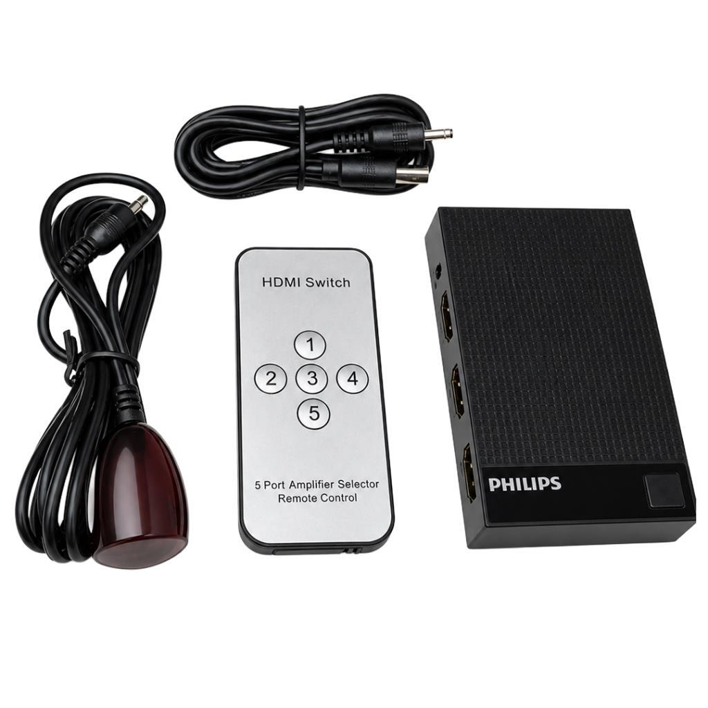 5 düğmeli HDMI anahtar kumandası ve yanında siyah Philips kutusu.