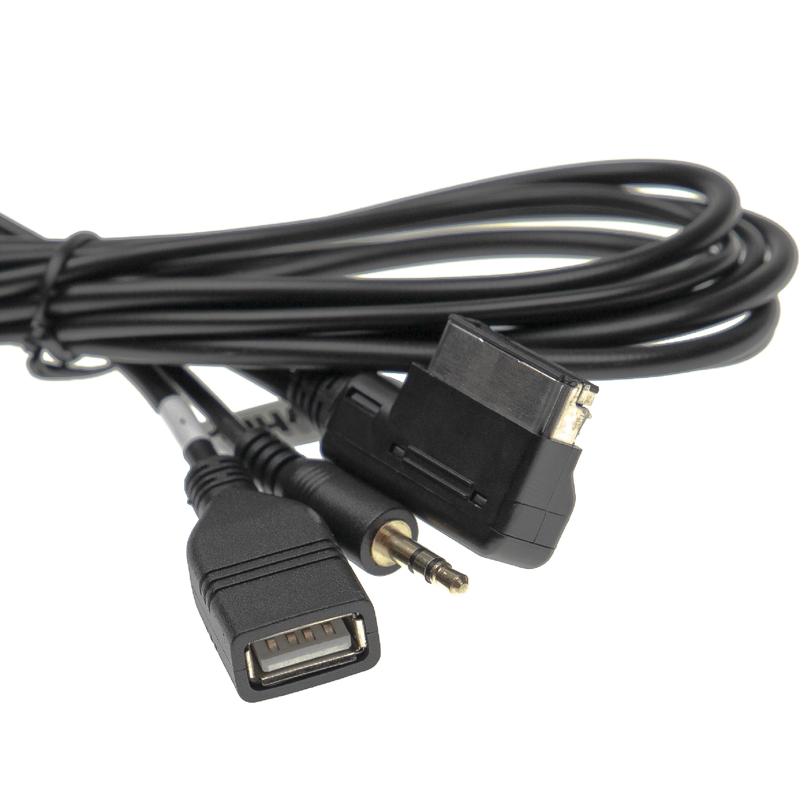 Schwarzes Kabel mit USB-, 3,5-mm-Klinken- und anderem Anschluss.
