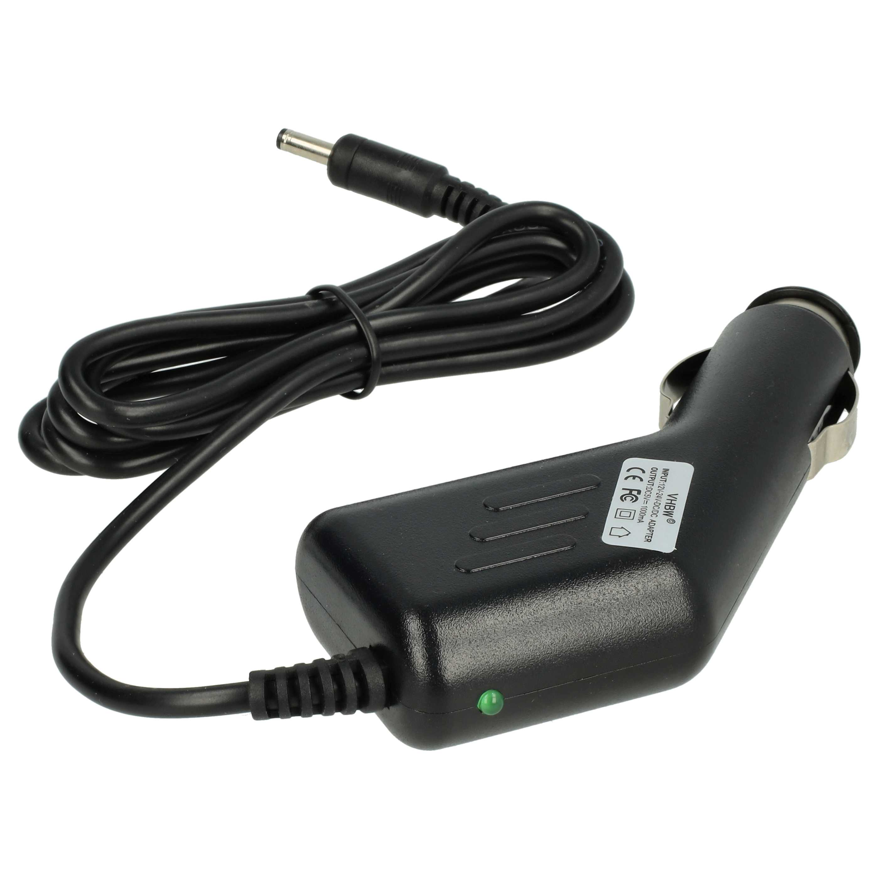 Schwarzer Autoladegerät-Adapter mit Kabel und Stecker. Grüne LED leuchtet.