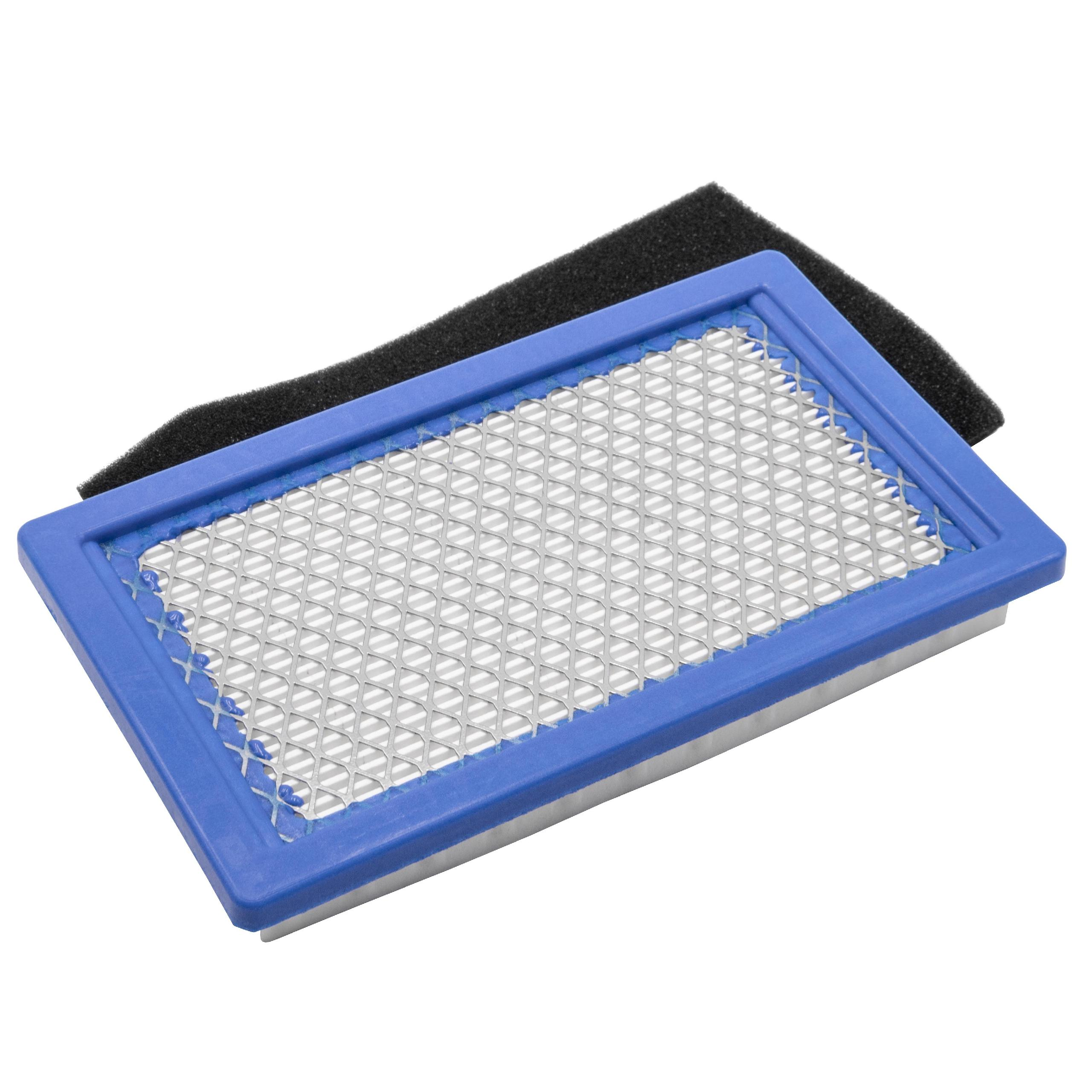 Ein rechteckiger Luftfilter mit blauem Rahmen und einem schwarzen Schaumstofffilter daneben.