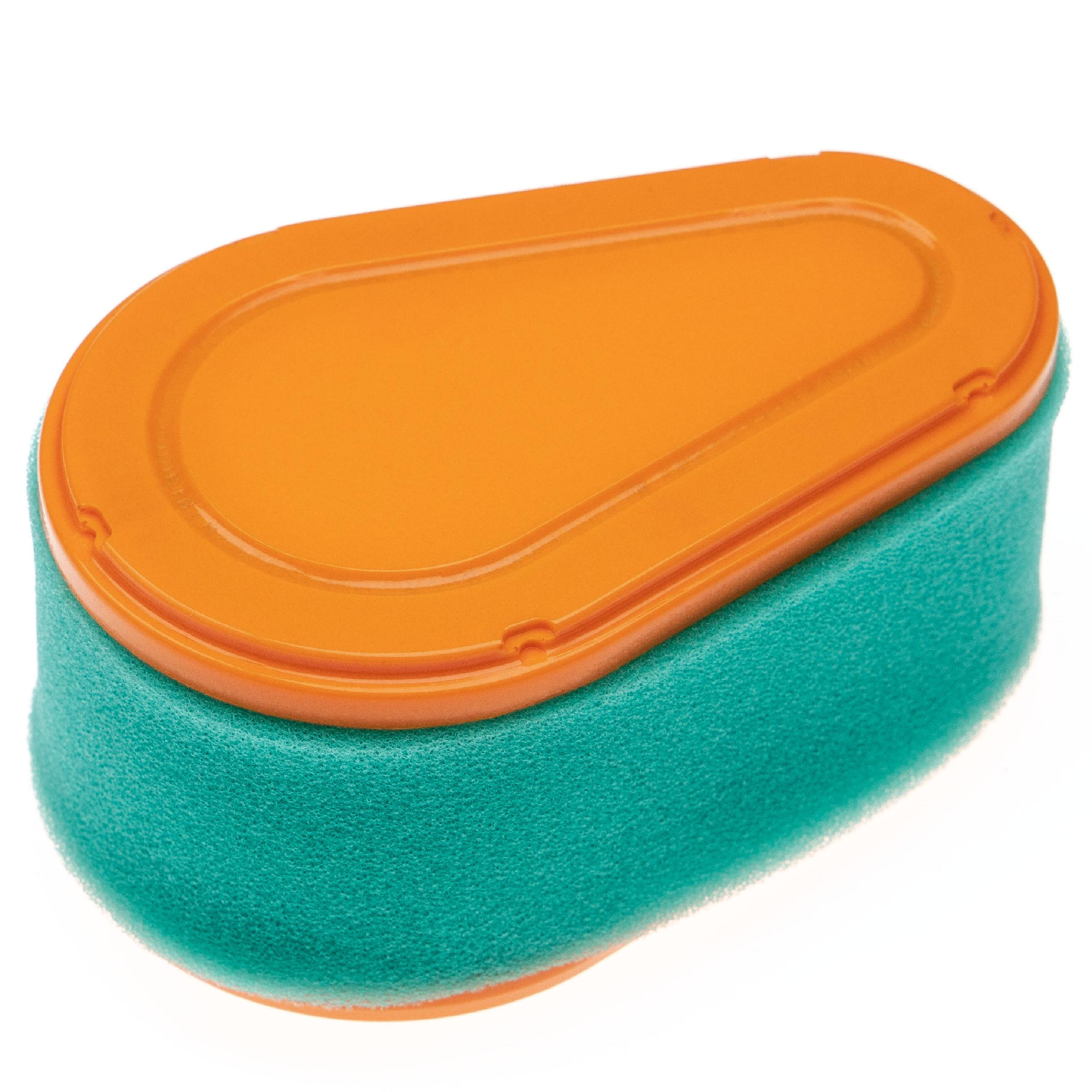 Ein ovaler Luftfilter mit einem orangefarbenen oberen Gehäuse und einem grünen Schaumstofffilter.