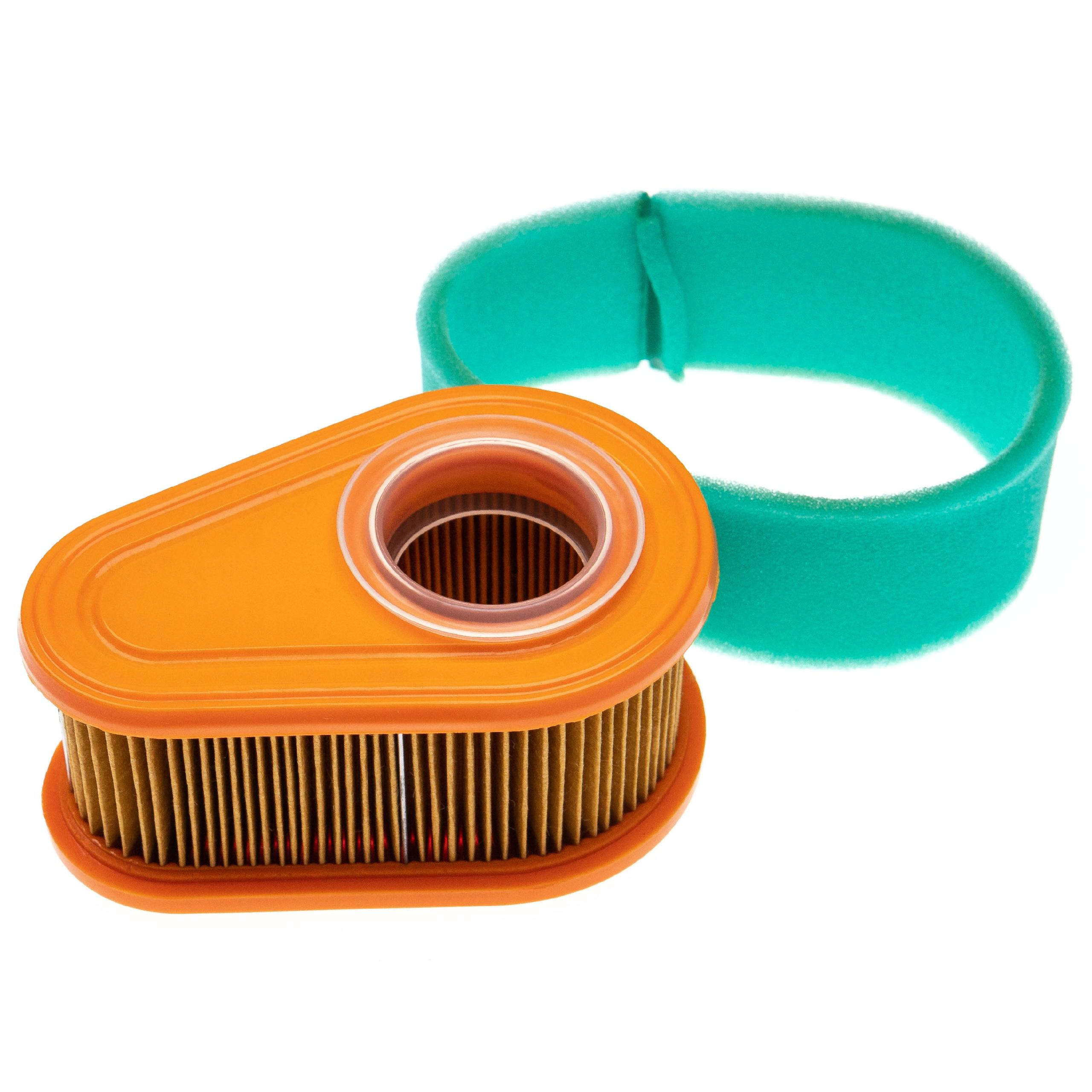Ein orangefarbener Luftfilter und ein grüner Schaumstoffring auf weißem Hintergrund.