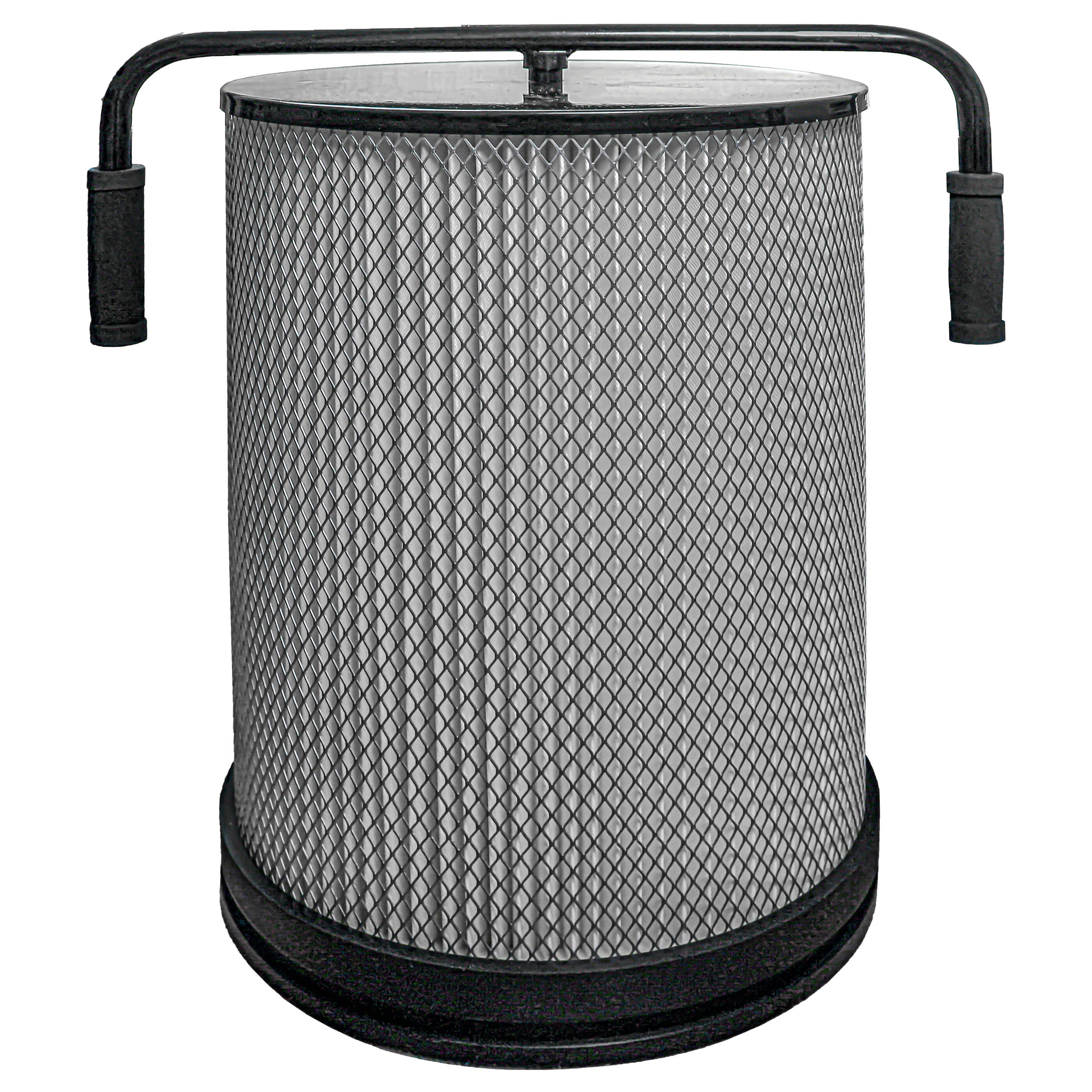 Grauer Zylinderfilter mit schwarzem Metallgriff und schwarzer Basis.