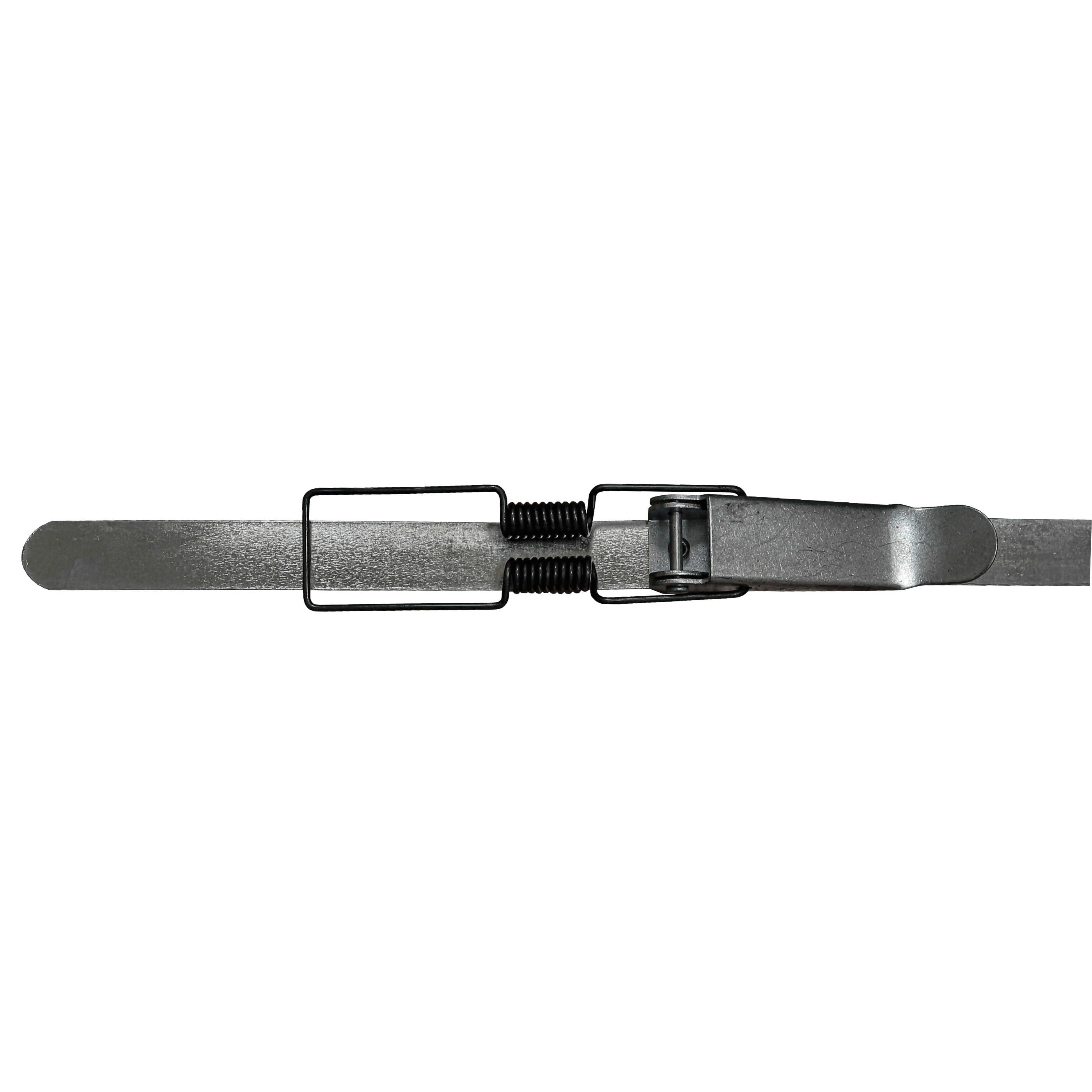 Ein silberner Metallriegel mit schwarzen Federn und einem Haken.