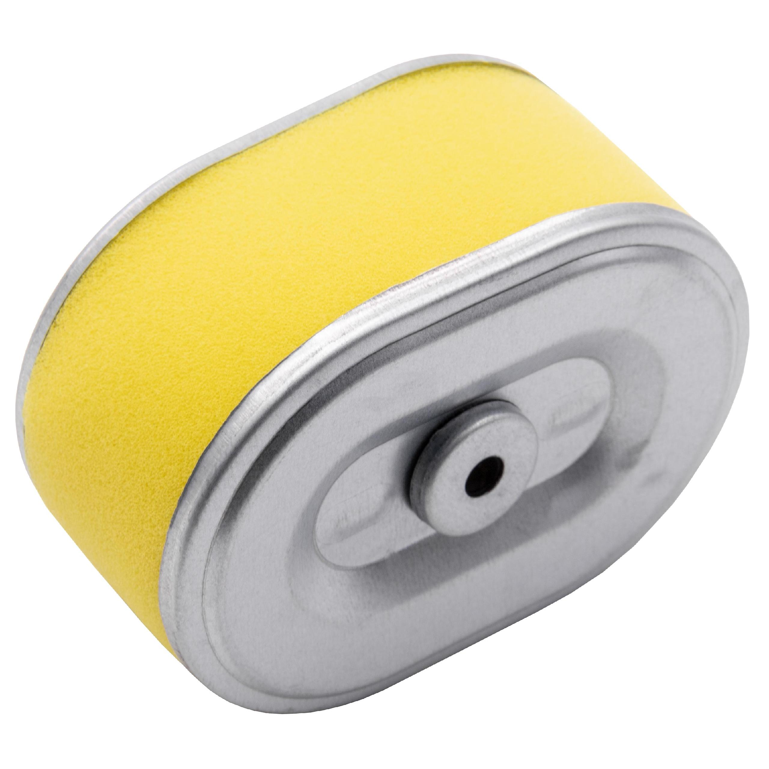 Ein ovaler Luftfilter mit gelbem Schaumstoff und silbernem Metallrahmen.