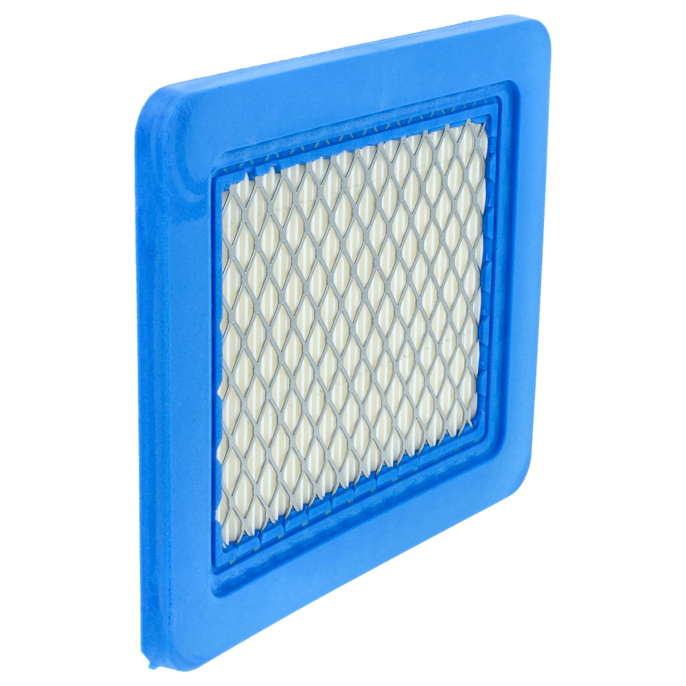 Ein blauer Luftfilter mit einem silbernen Gittermuster und weißem Filtermaterial.