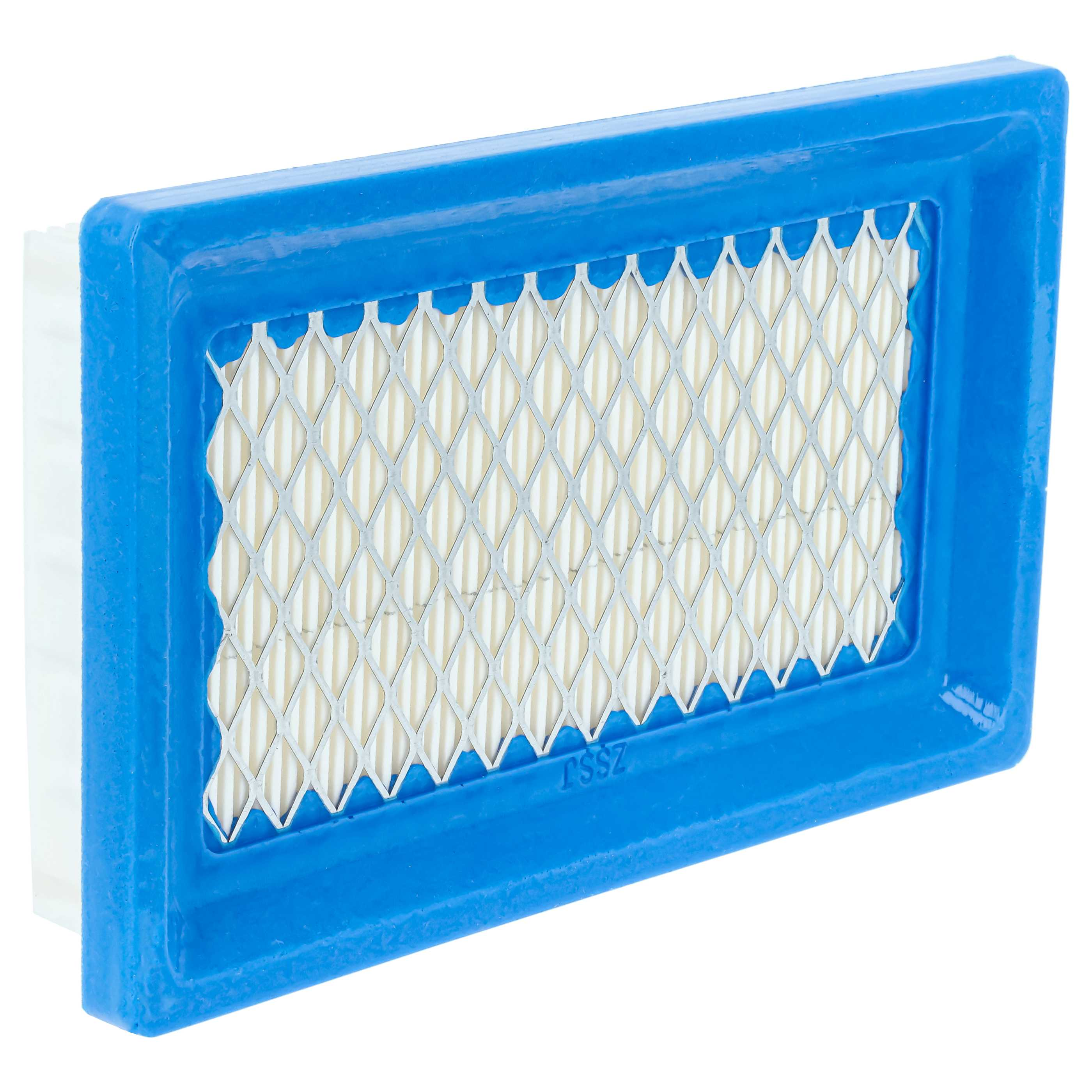Ein blauer rechteckiger Luftfilter mit weißem Filtermedium und Metallgitter.